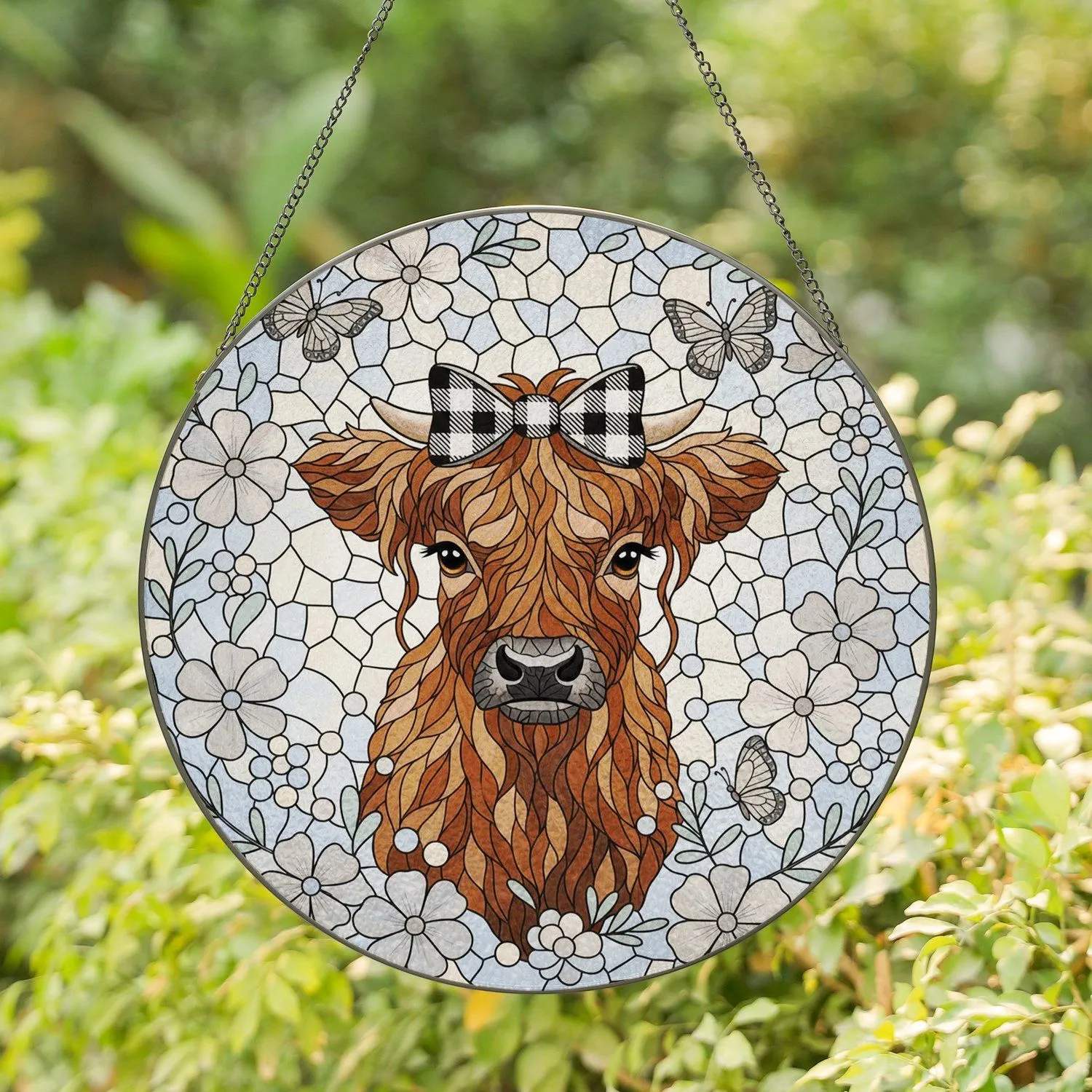 Highland Cow Calf Buffalo Plaid Bow Floral Mosaic - Home Decor Gift for Cow Lover Stained Glass Suncatcher - 1