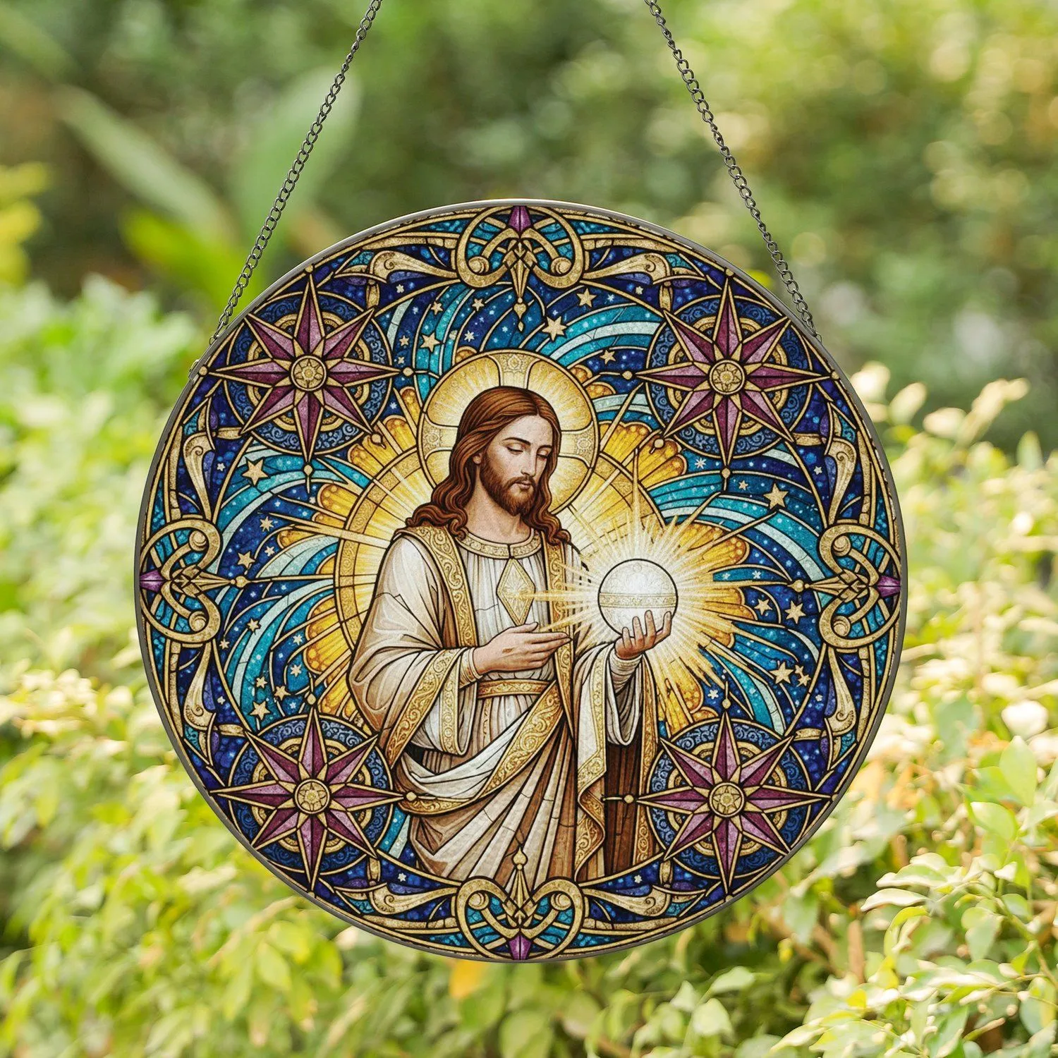 Jesus Christ Radiant Orb Celestial Swirls Golden Halo Compass Stars - Home Decor Gift Stained Glass Suncatcher - 1