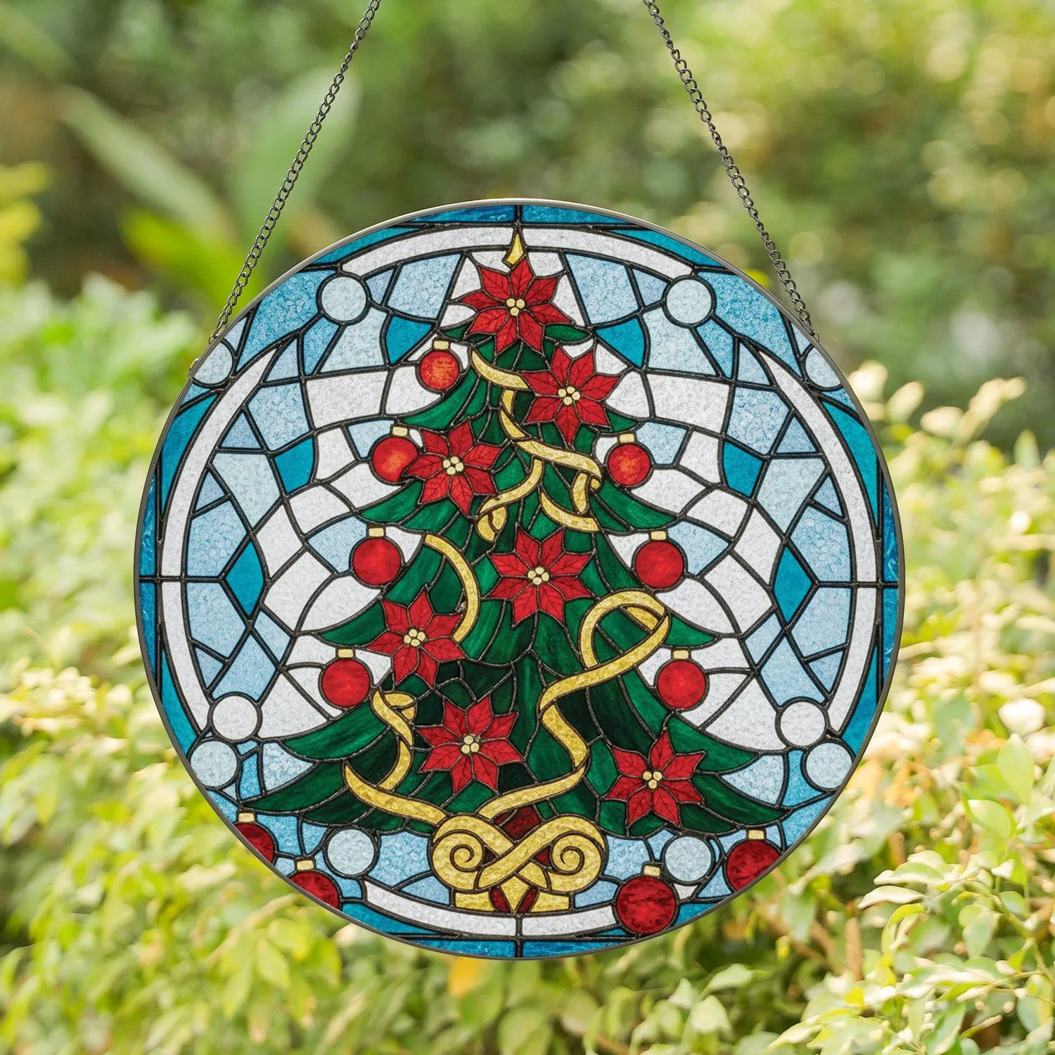 Golden Scroll Christmas Tree Red Poinsettias Baubles - Christmas Gift Stained Glass Suncatcher - 1