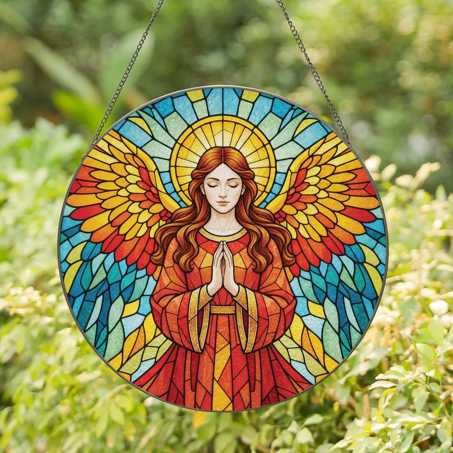 Shimmering Celestial Praying Angel Halo Wings Geometric Mosaic - Home Decor Gift Stained Glass Suncatcher - 1