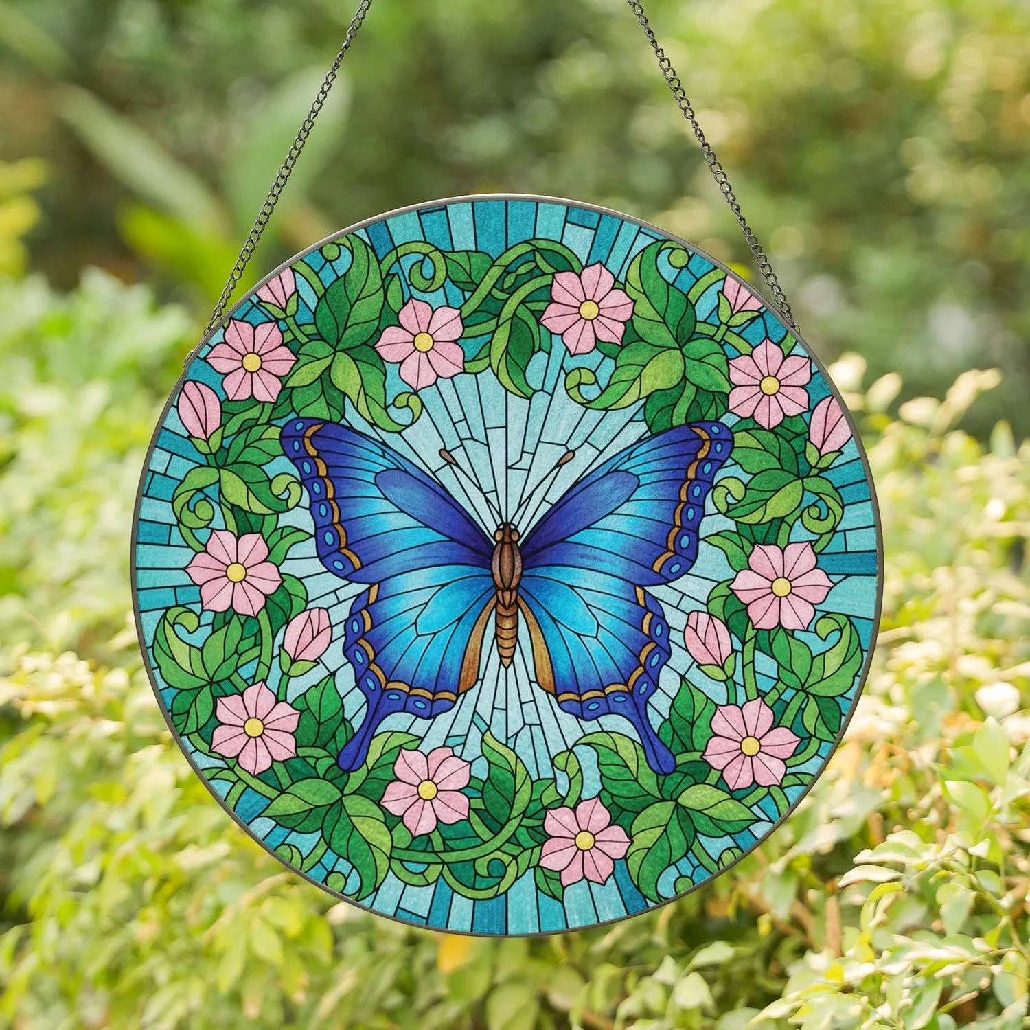 Blue Butterfly Spread Wings Pink Flowers Green Vines - Home Decor Gift for Butterfly Lover Stained Glass Suncatcher - 1