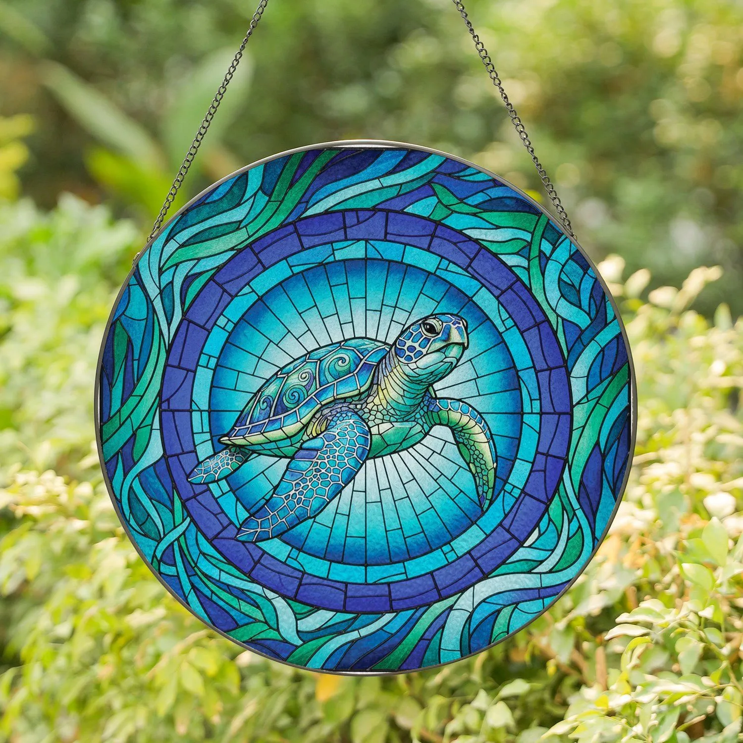 Iridescent Sea Turtle Circular Stained Glass Mosaic - Wildlife Lover Home Decor Gift Stained Glass Suncatcher - 1
