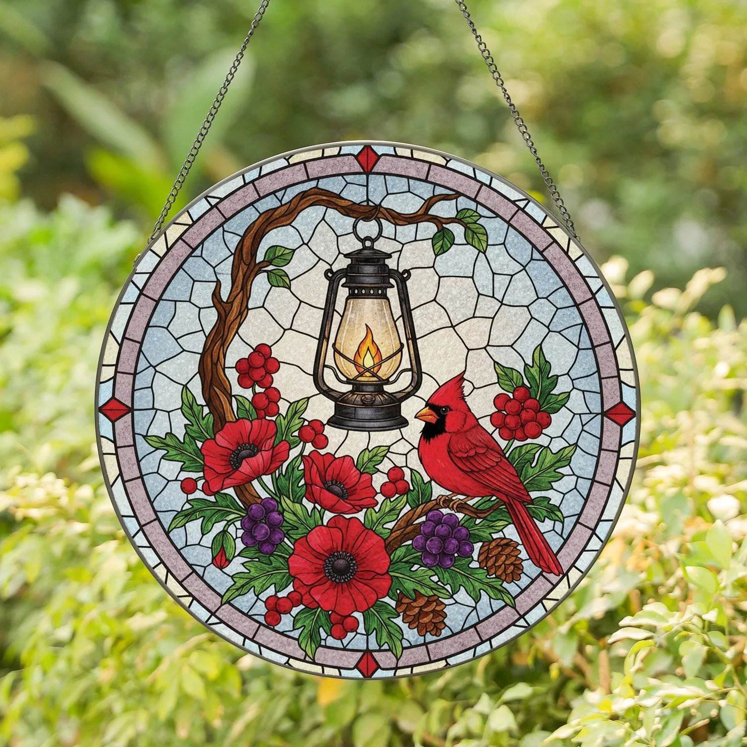 Black Oil Lantern Cardinal Poppies Berries Pinecones - Nature Lover Home Decor Gift Stained Glass Suncatcher - 1