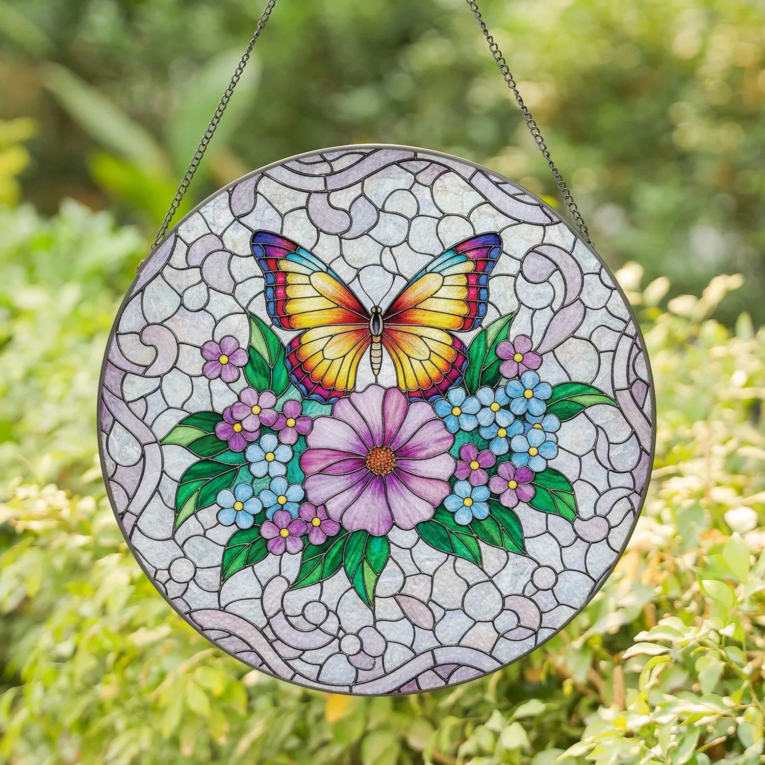 Butterfly Iridescent Wings Purple Pink Bloom - Home Decor Gift for Wildlife Lover Stained Glass Suncatcher - 1