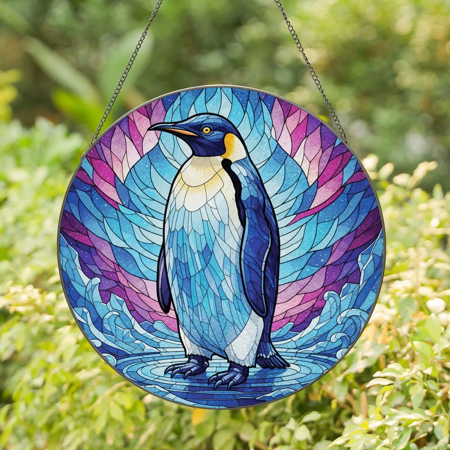 Majestic Upright Penguin Ice Shards Water Aurora - Luminous Wildlife Home Decor Gift Stained Glass Suncatcher - 1