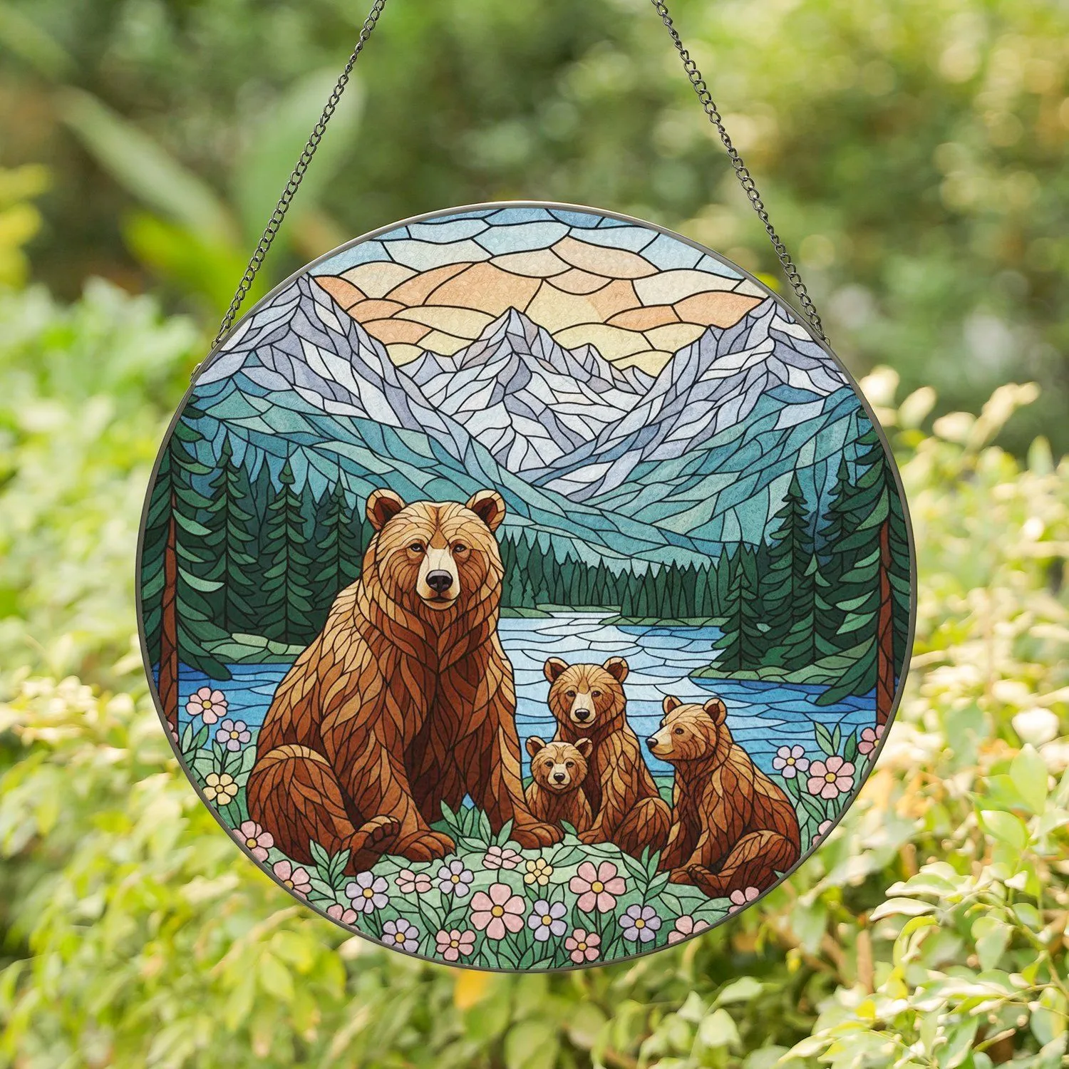 Family Bears Wildflower Forest Mountain Lake Nature Lover Home Decor Gift Stained Glass Suncatcher - 1