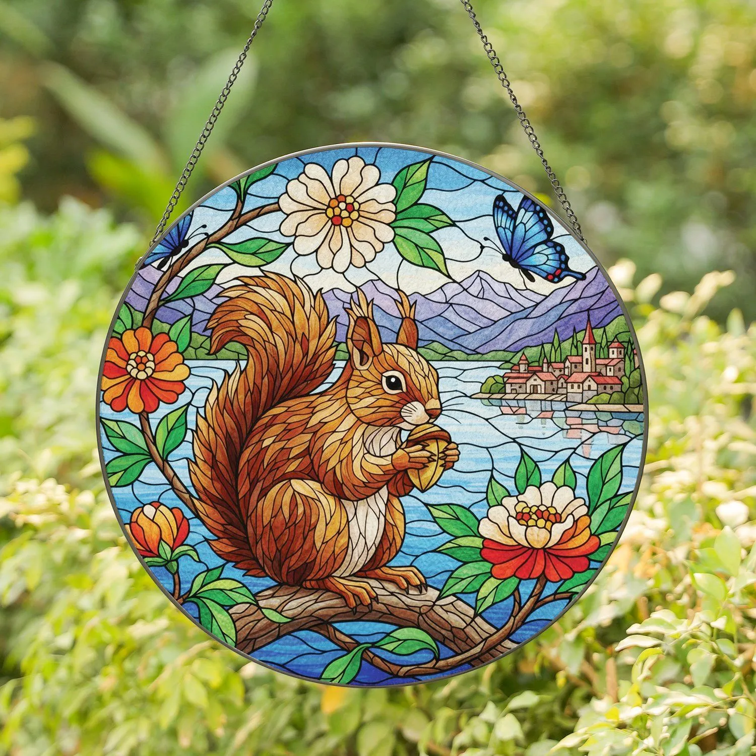 Squirrel Butterfly Lake Mountain Town - Home Decor Gift for Wildlife Lover Stained Glass Suncatcher - 1