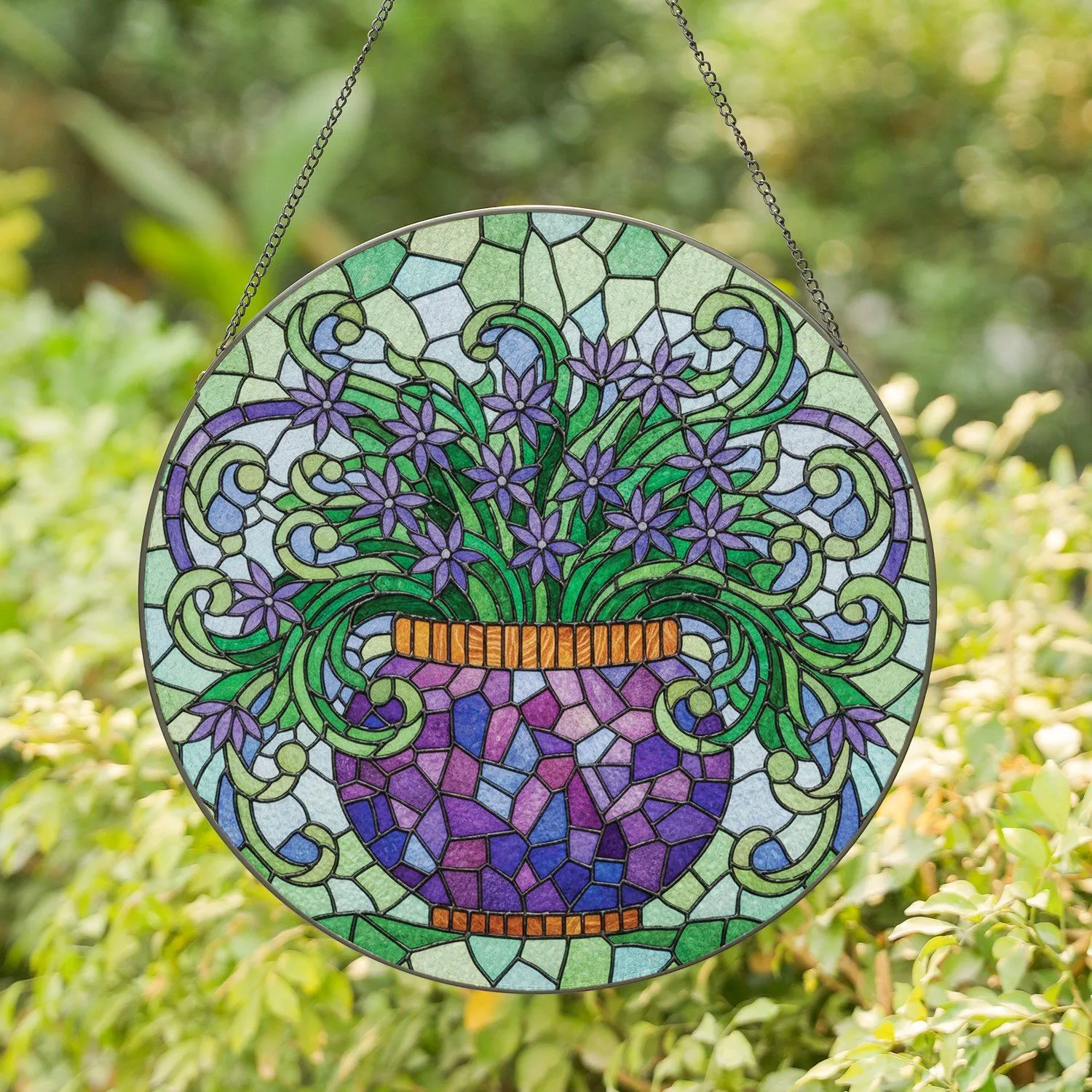 Mosaic Planter Green Foliage Purple Blue Flowers Swirls - Garden Lover Home Decor Gift Stained Glass Suncatcher - 1