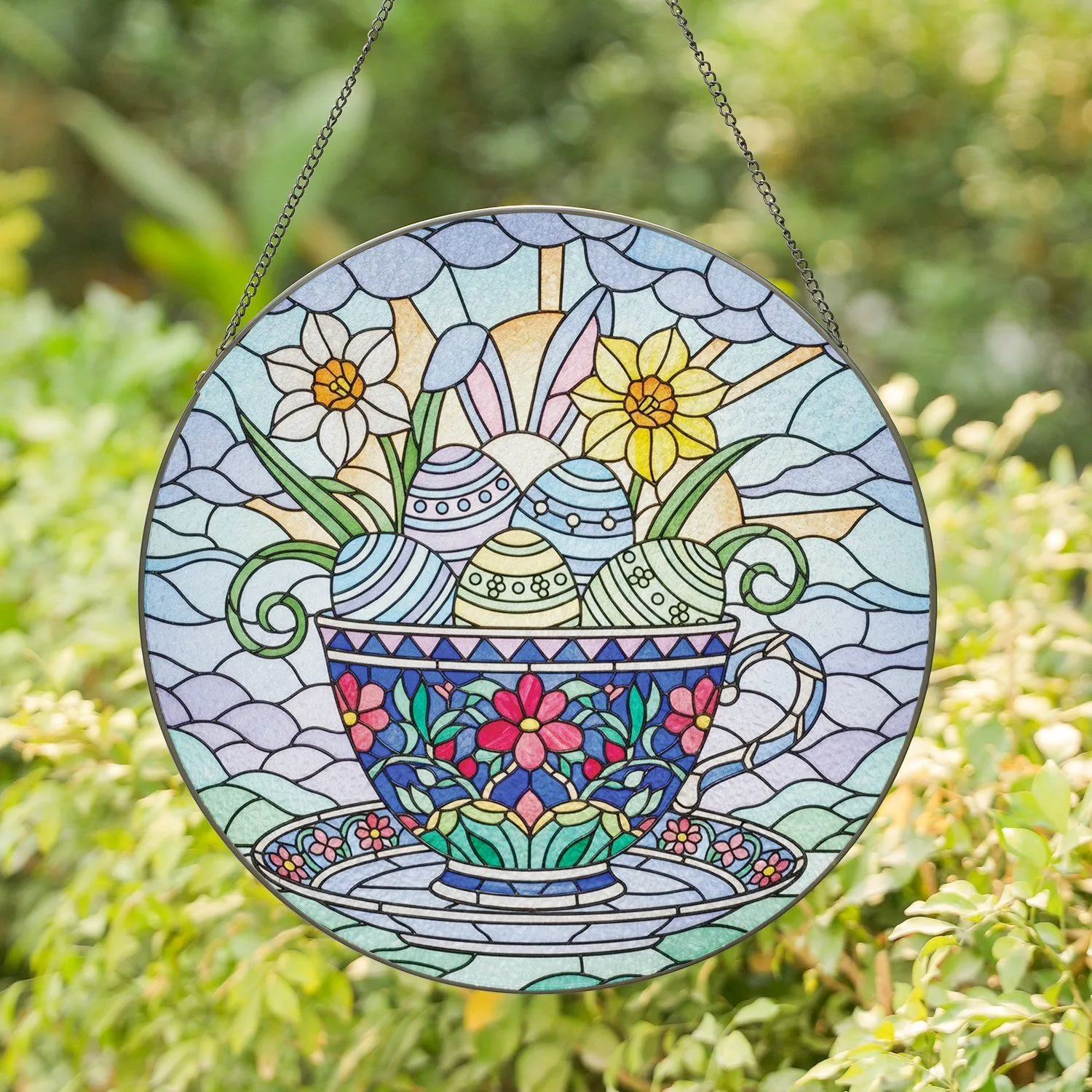 Teacup Easter Eggs Bunny Daffodil - Easter Home Decor Gift Stained Glass Suncatcher - 1