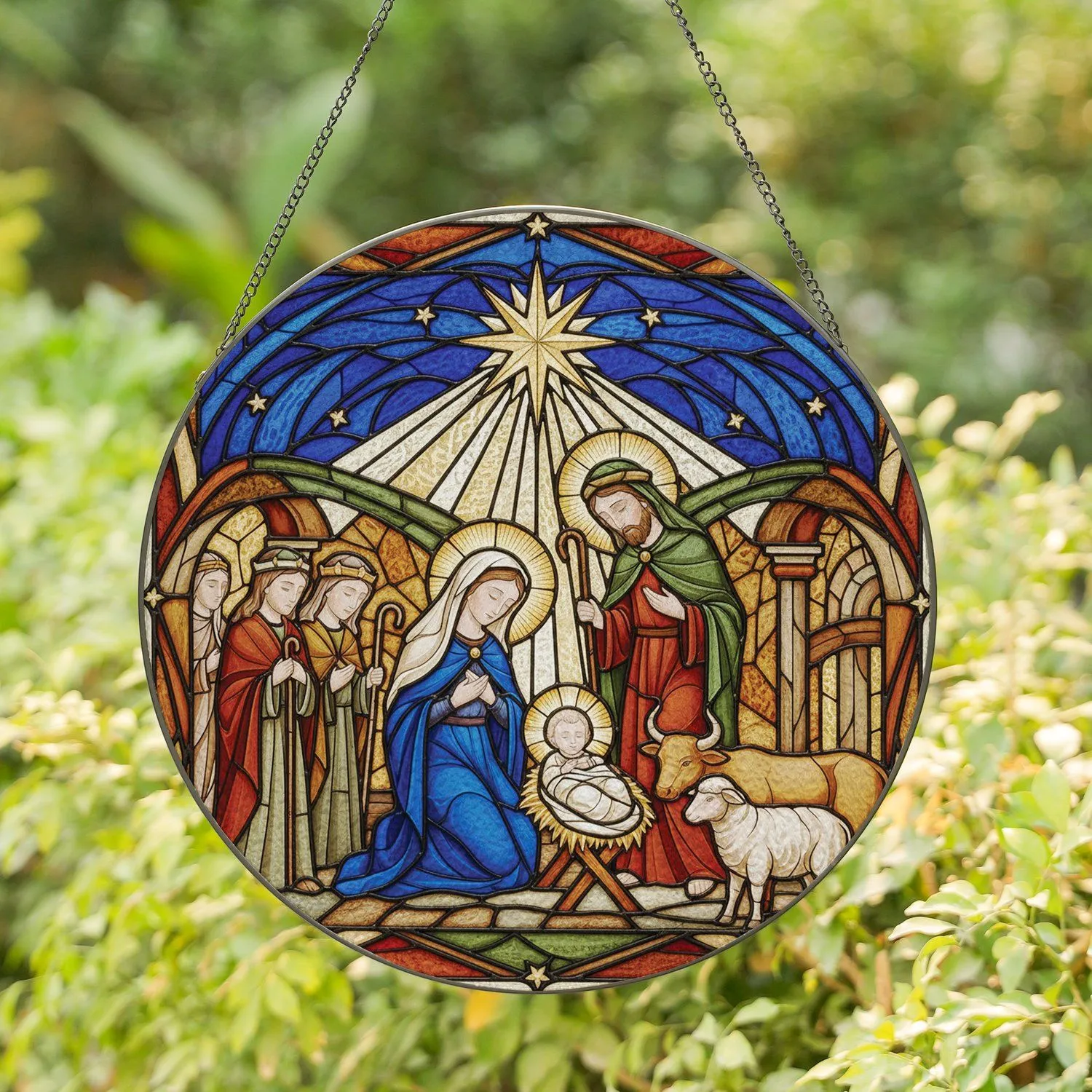 Nativity Scene Holy Family Star of Bethlehem Starlit Stable - Christmas Holiday Decor Gift for Home Stained Glass Suncatcher - 1