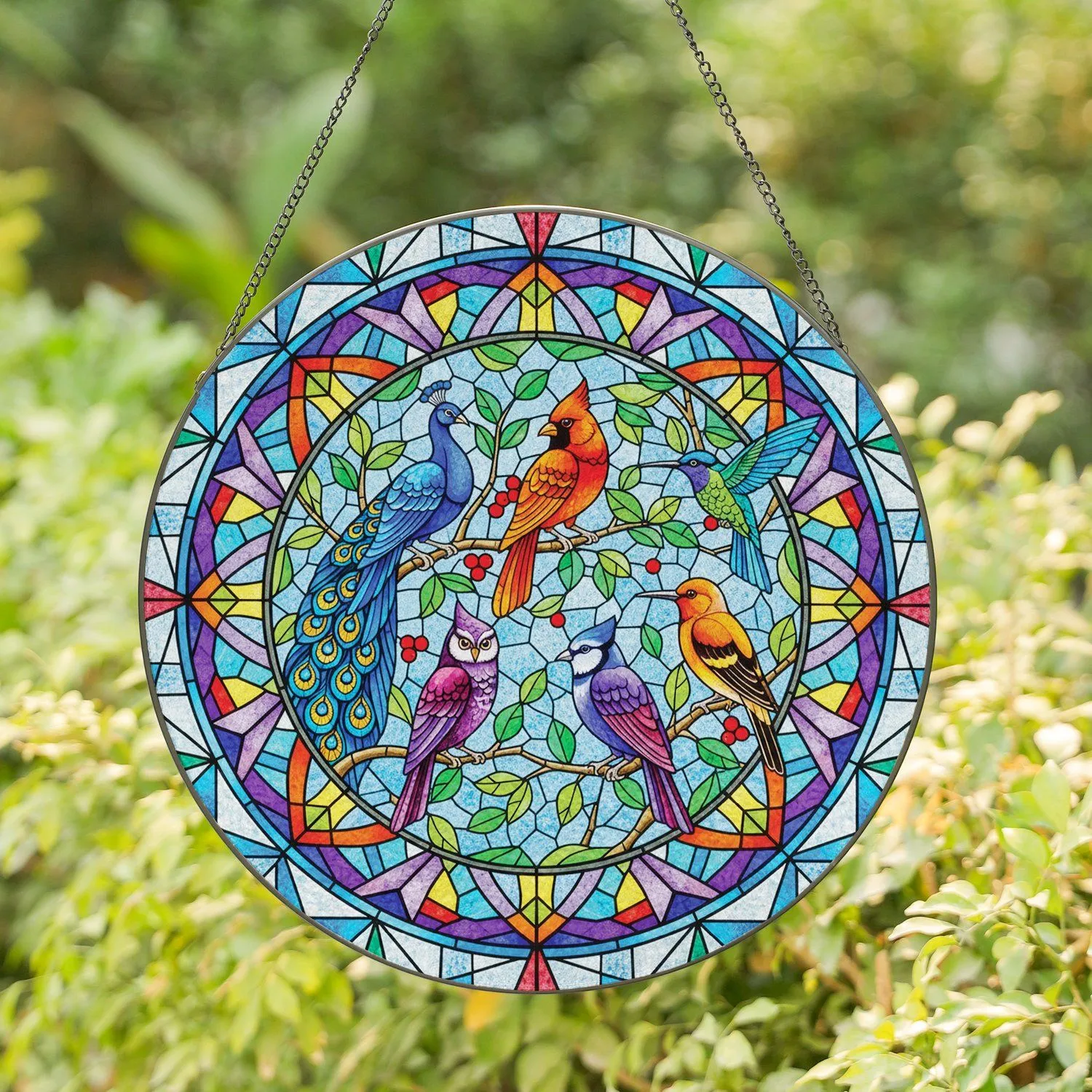 Six Colorful Birds Tree Branches - Home Decor Gift for Bird Lover Stained Glass Suncatcher - 1