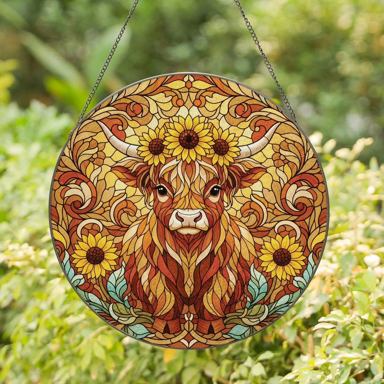 Highland Cow Calf Sunflowers - Farmhouse Decor Gift for Cow Lover Stained Glass Suncatcher - 1