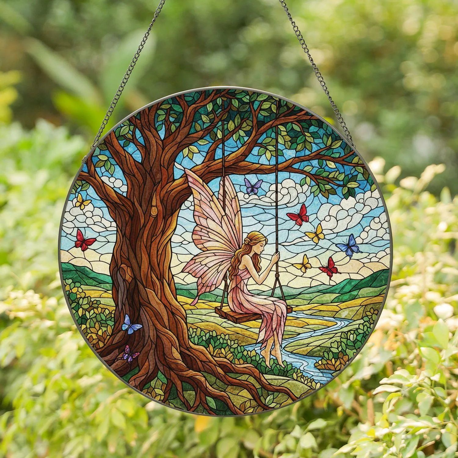 Graceful Fairy Iridescent Wings Wooden Swing Tree - Home Decor Gift for Fairy Lover Stained Glass Suncatcher - 1
