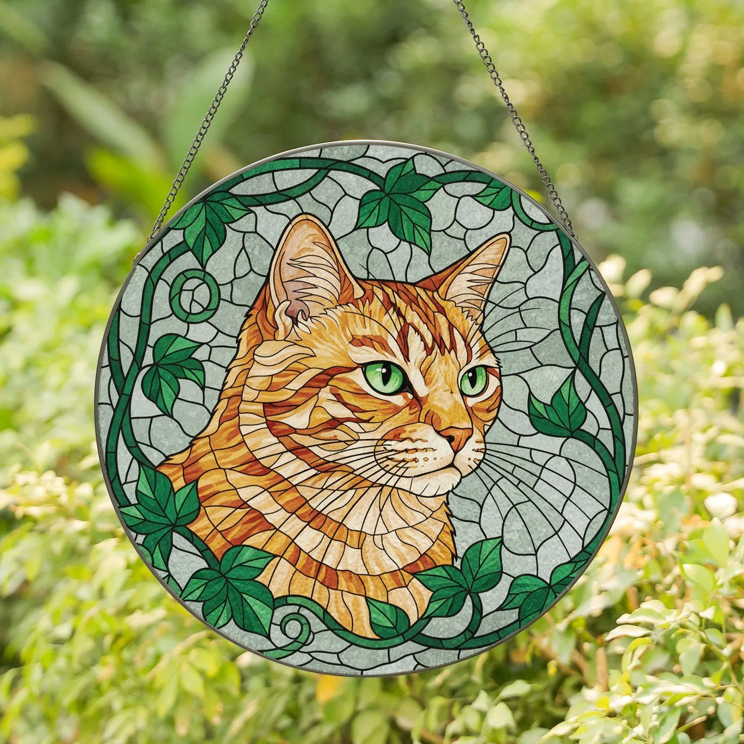 Ginger Striped Cat Green Eyes Emerald Vines Pale Grey Organic Swirls Home Decor Gift for Cat Lover Stained Glass Suncatcher - 1