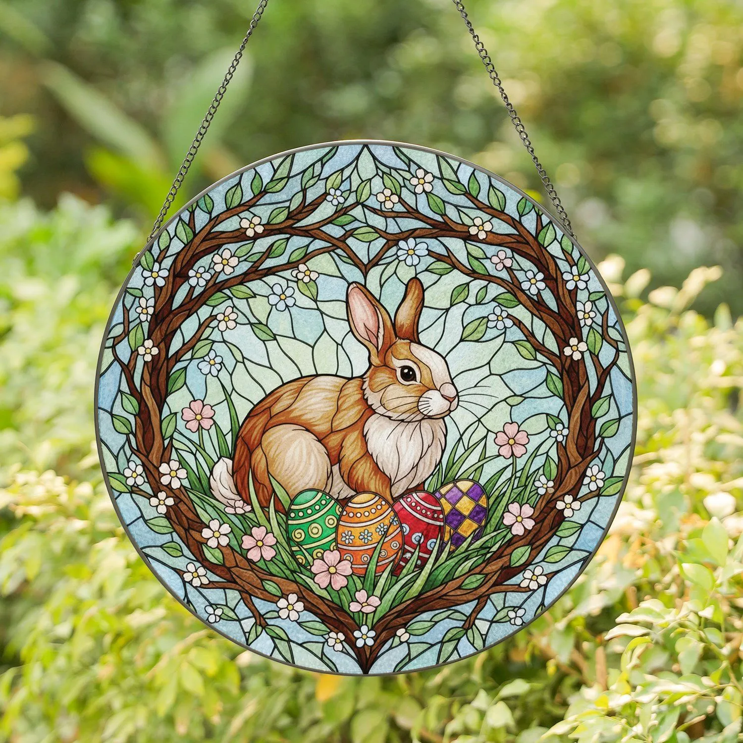 Brown White Rabbit Easter Eggs Heart Branches Grass Blossoms - Easter Gift for Rabbit Lover Stained Glass Suncatcher - 1