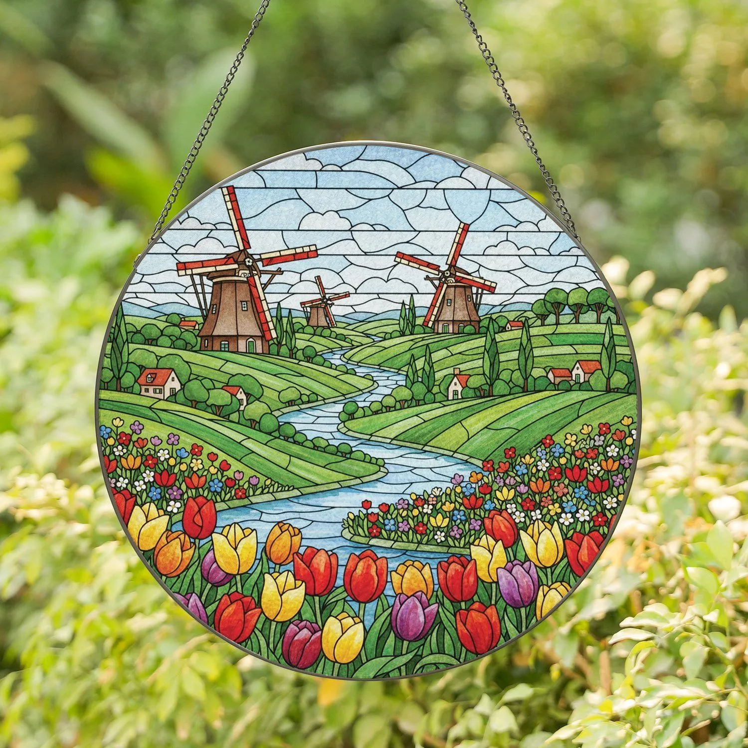 Dutch Windmills Tulip Garden River Scene - Home Decor Gift for Garden Lover Stained Glass Suncatcher - 1