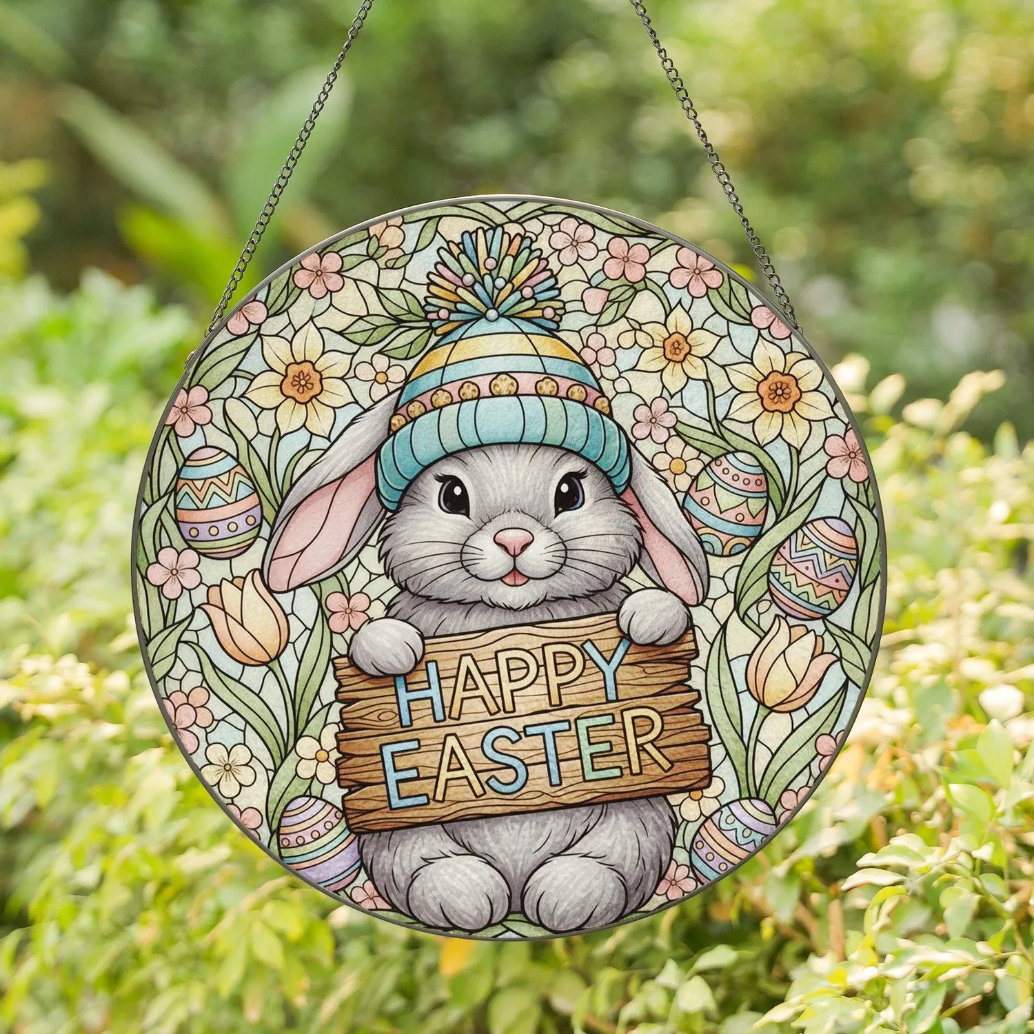 Easter Bunny Happy Easter Sign Spring Flowers - Easter Holiday Home Decor Gift Stained Glass Suncatcher - 1