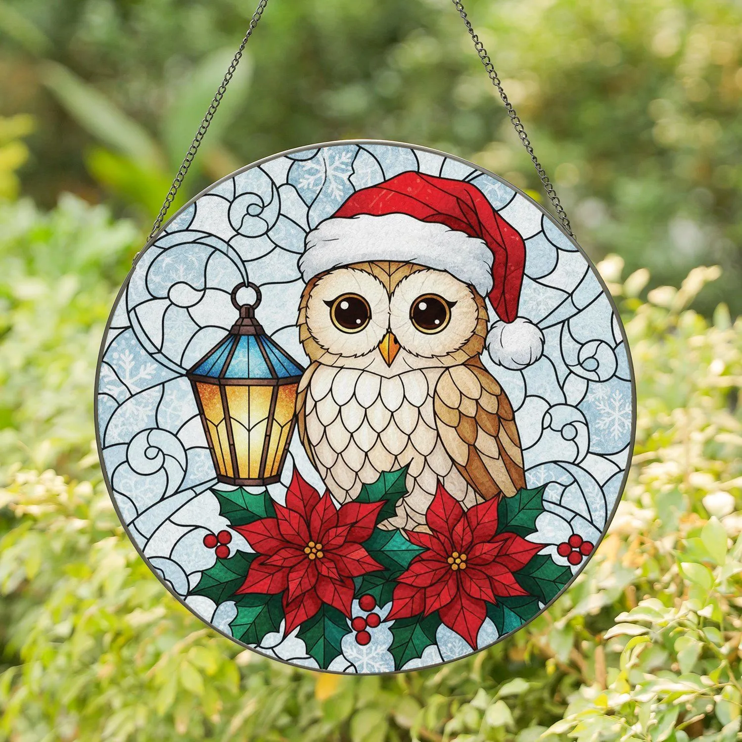 Owl Santa Hat Poinsettia Snowflakes - Christmas Holiday Gift for Owl Lovers Stained Glass Suncatcher - 1
