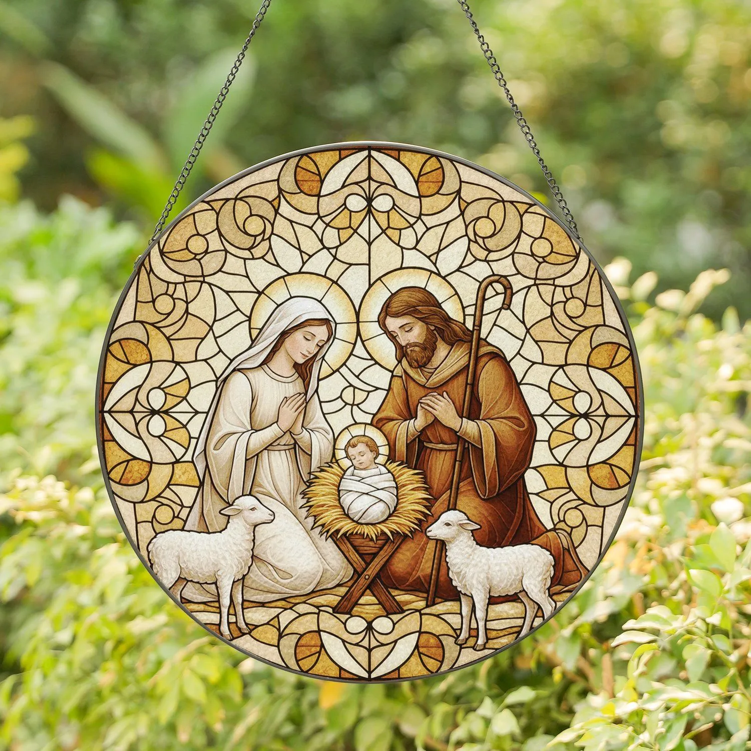 Mary Joseph Baby Jesus Lambs - Christmas Home Decor Gift Stained Glass Suncatcher - 1