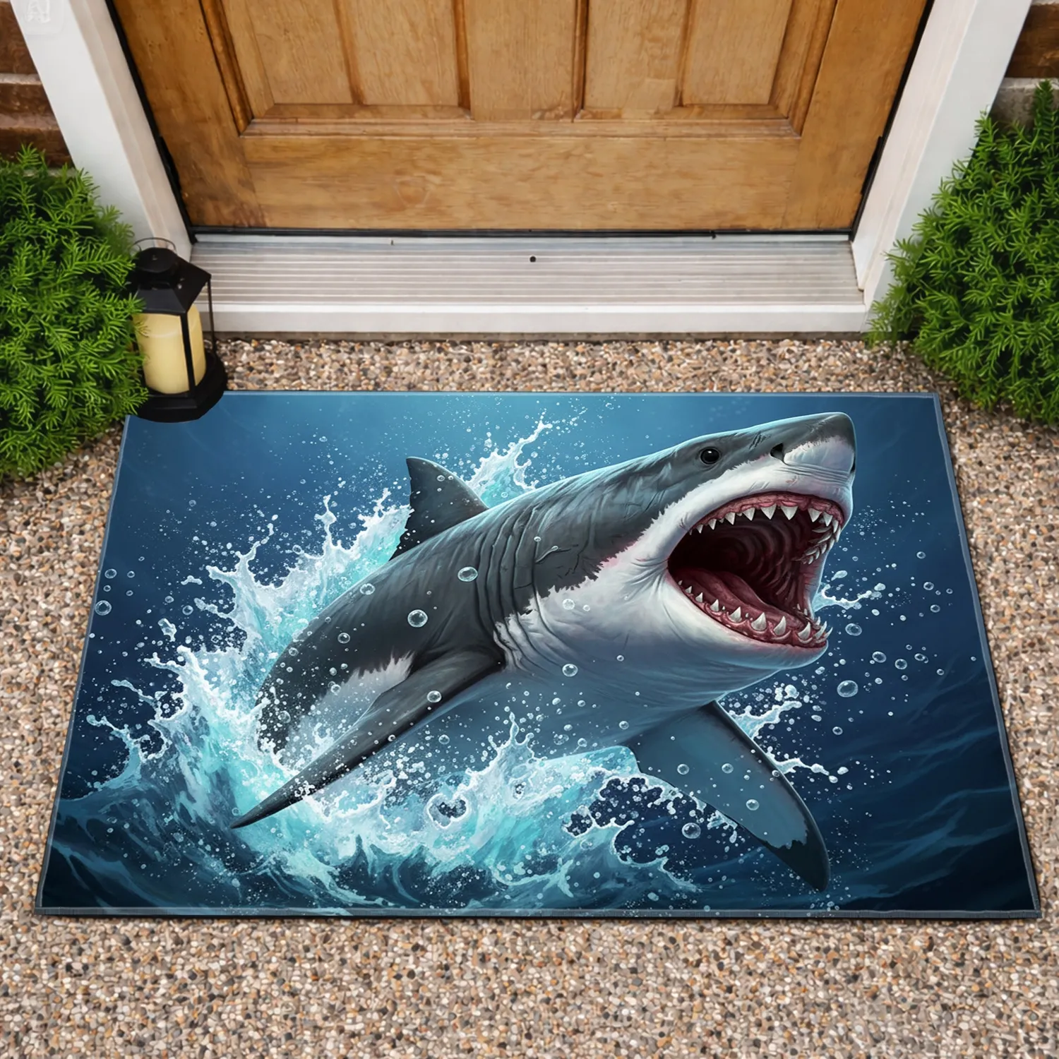 Great White Shark Jaws Wide Open Turbulent Ocean - Ocean Lover Gift for Shark Lover Doormat - 1
