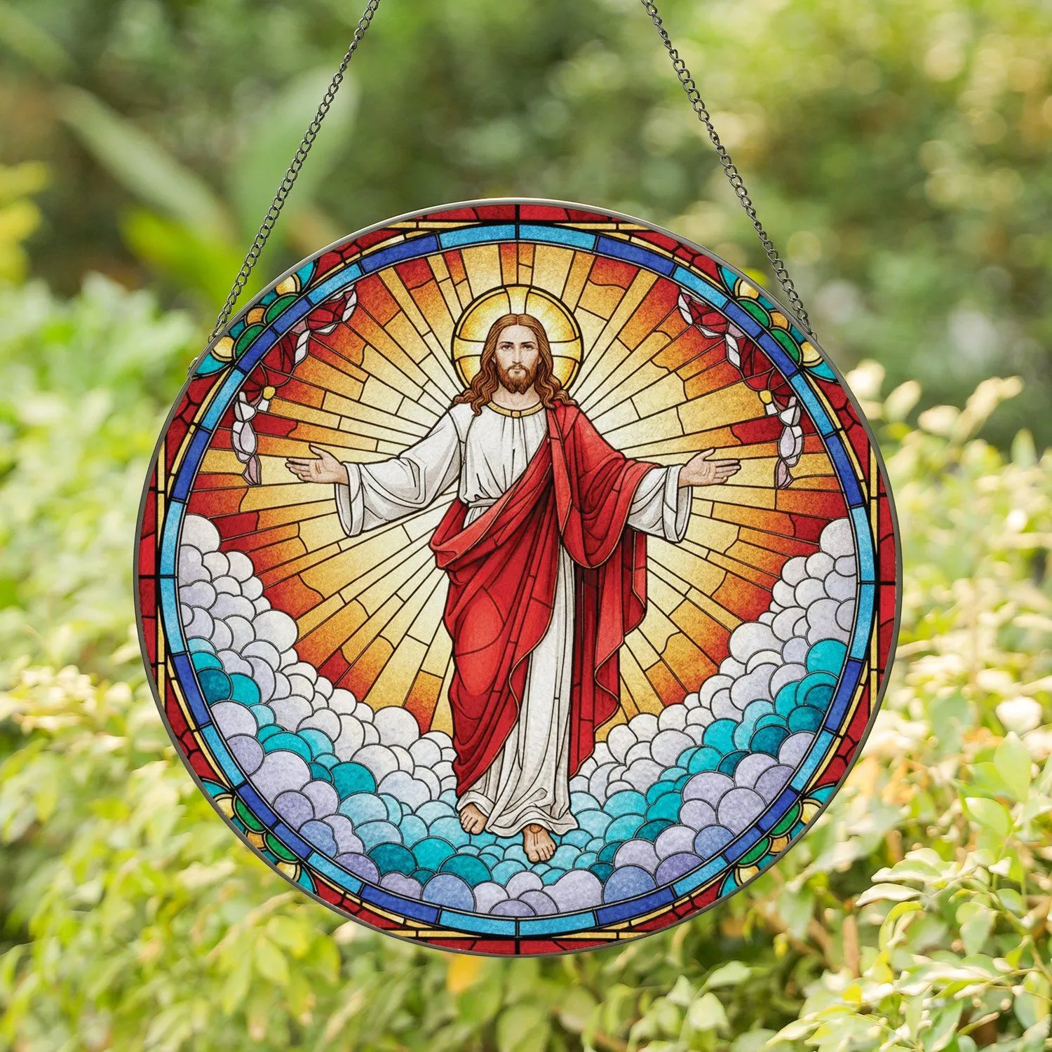 Jesus Christ Welcoming Golden Halo Billowy Clouds Floral Mosaic Home Decor Gift Stained Glass Suncatcher - 1