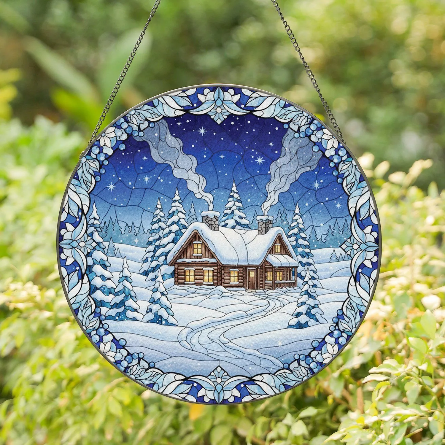 Snowy Winter Cabin Pine Forest Snowflake Flowers - Winter Home Decor Gift Stained Glass Suncatcher - 1