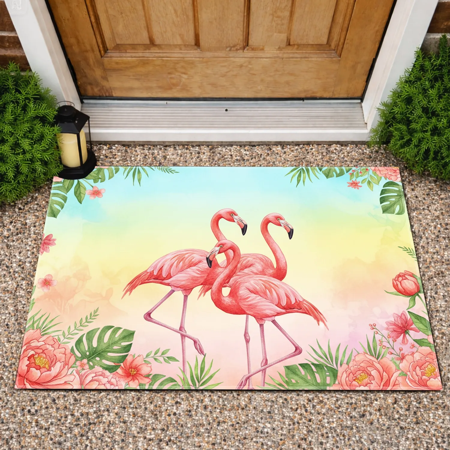 Pink Flamingos Peonies Chrysanthemums Tropical Leaves Tropical Home Decor Bird Lover Gift Doormat - 1