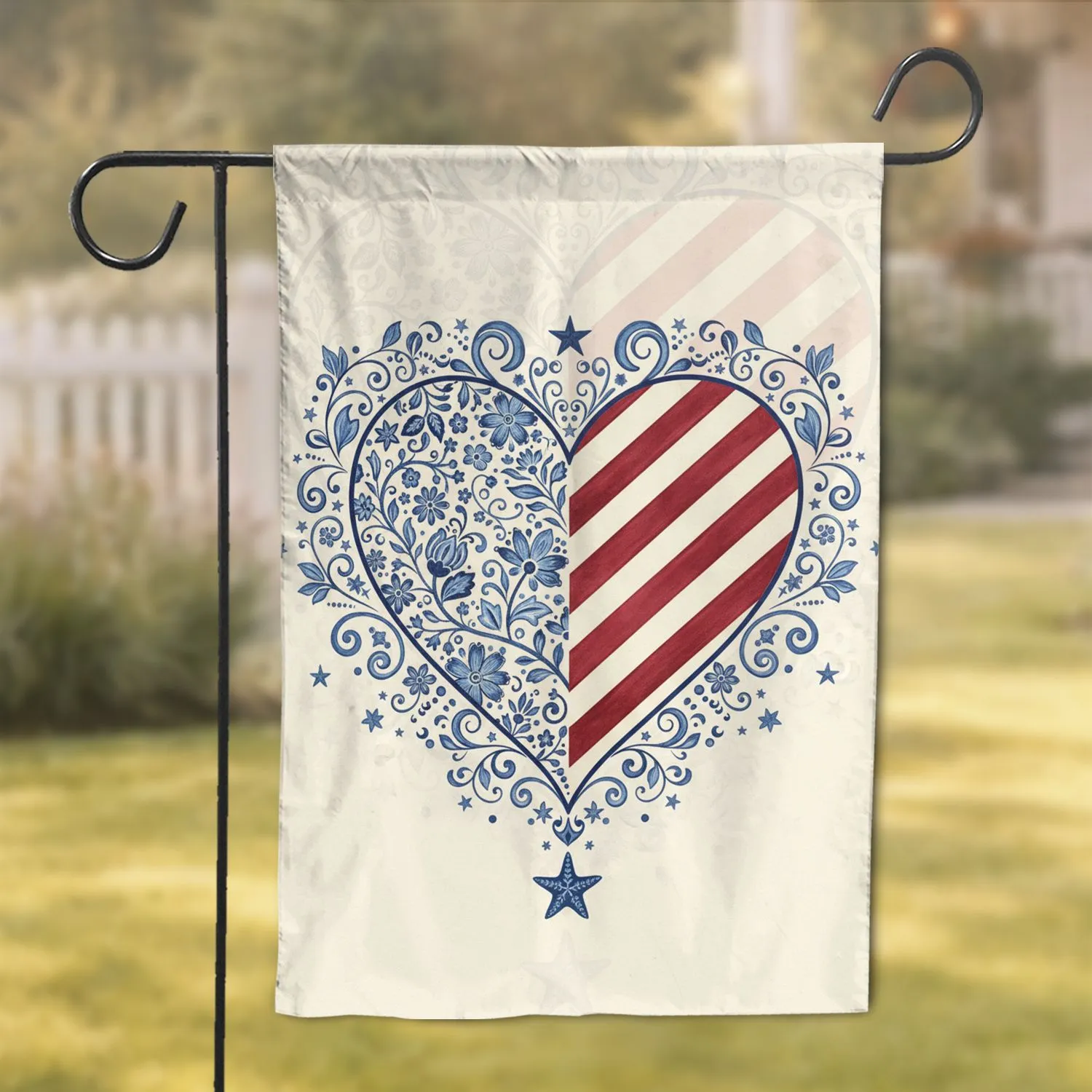 Floral Heart M American Flag Stripes Stars - Independence Day Home Decor Gift Garden Flag - 1