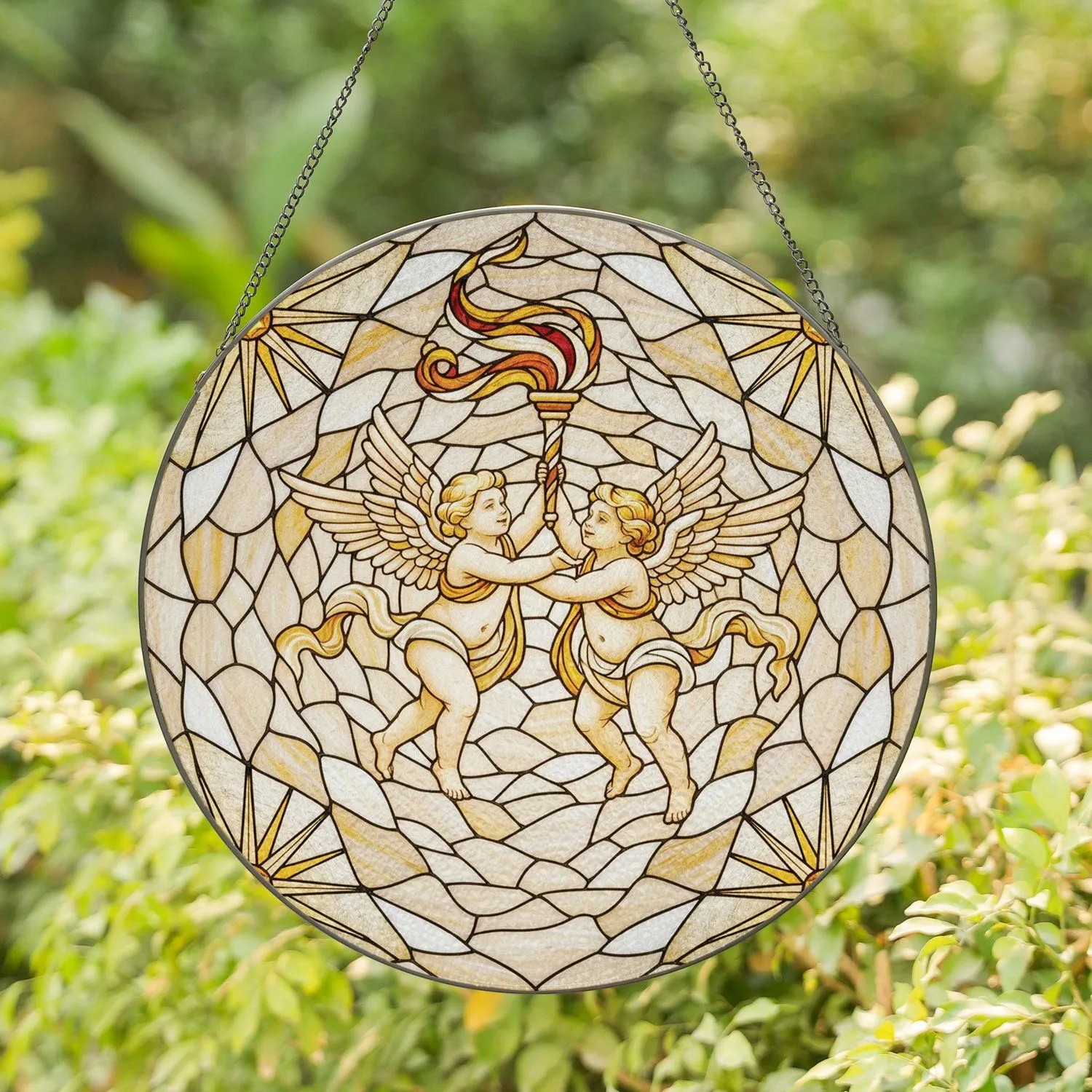 Intertwined Dancing Cherubs Ribbon Torch Radiant Starbursts - Home Decor Gift Stained Glass Suncatcher - 1