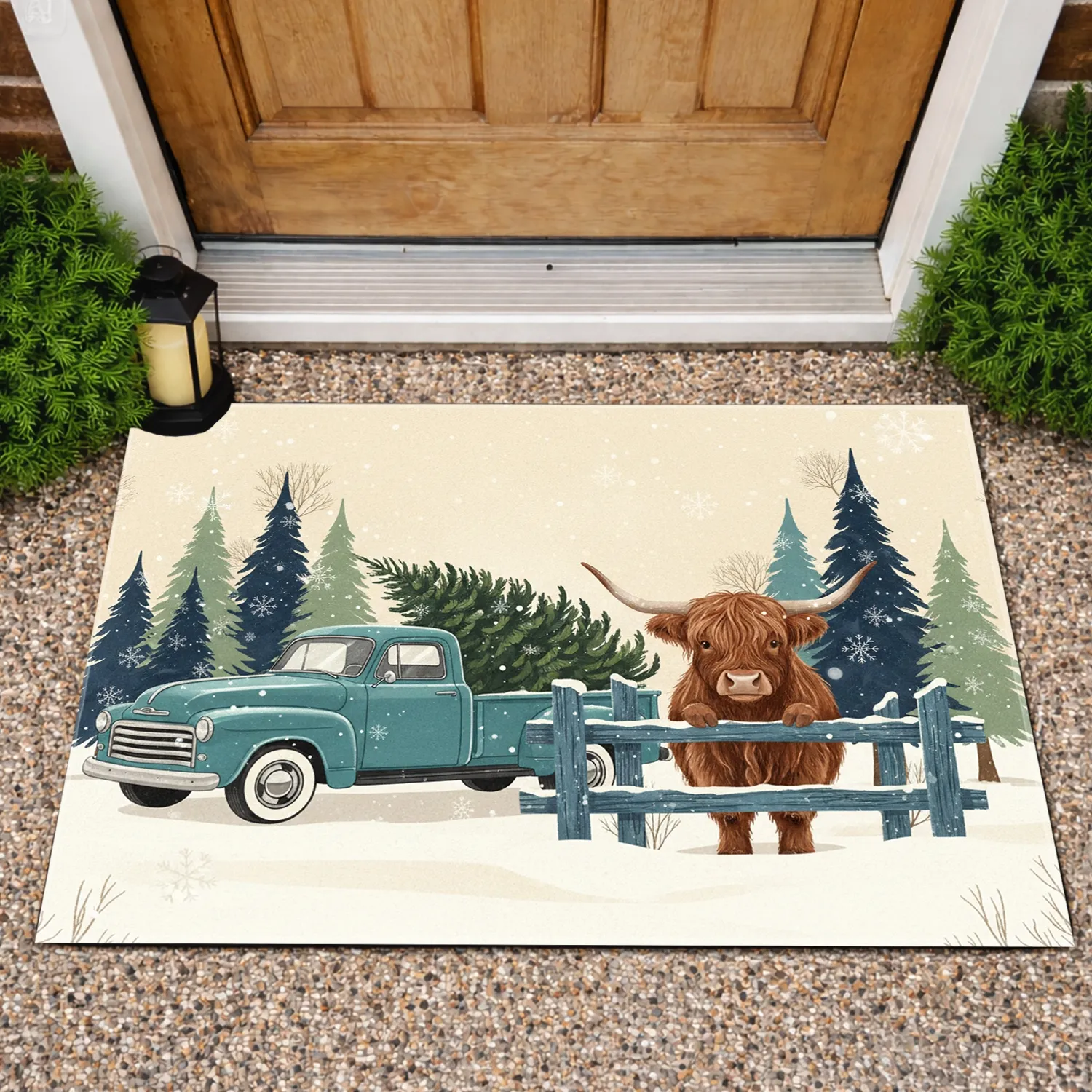 Highland Cow Pickup Truck Evergreen - Farmhouse Christmas Decor Gift Doormat - 1