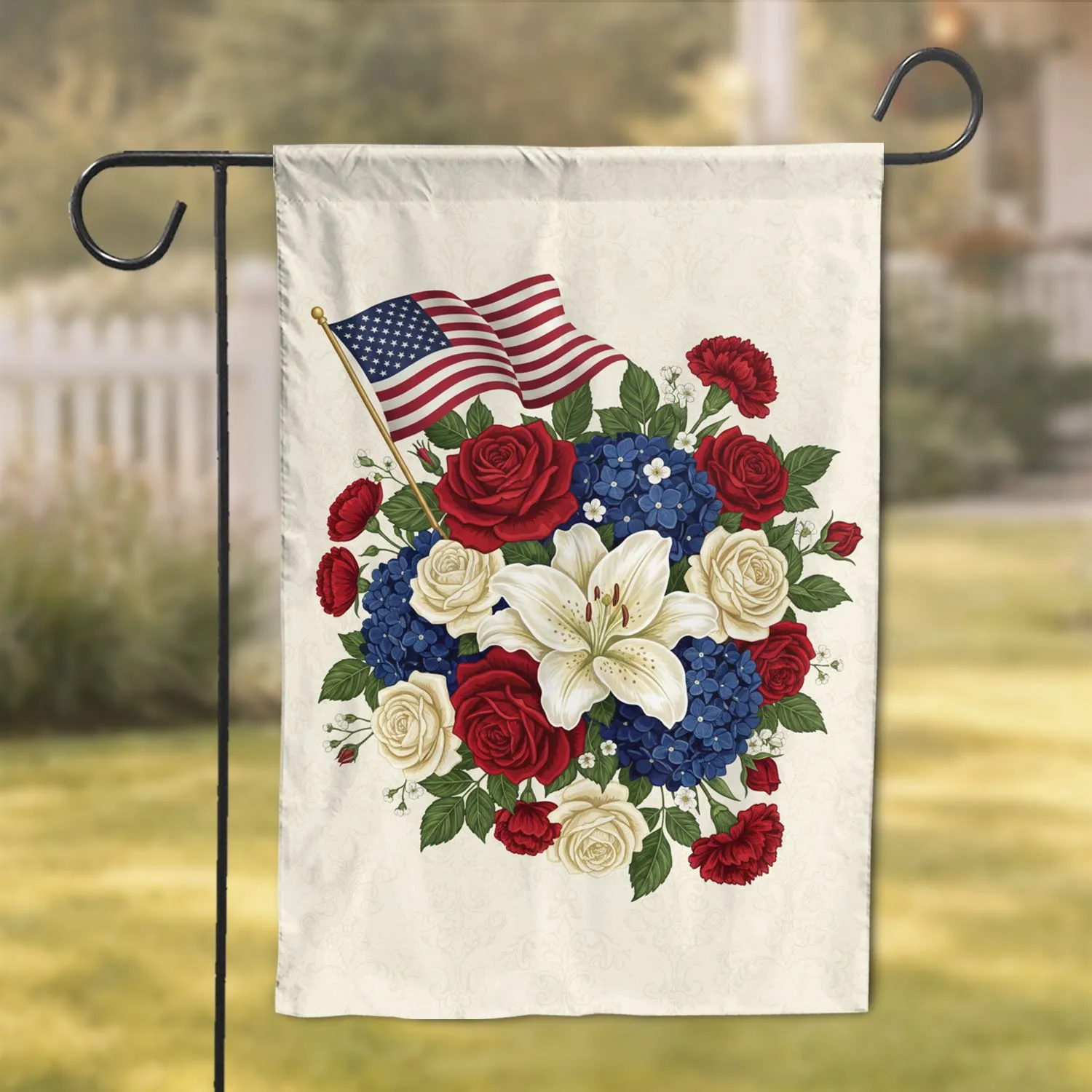 Patriotic Floral Arrangement Lily Rose Hydrangea American Flag M Vase - Home Decor Garden Flag - 1