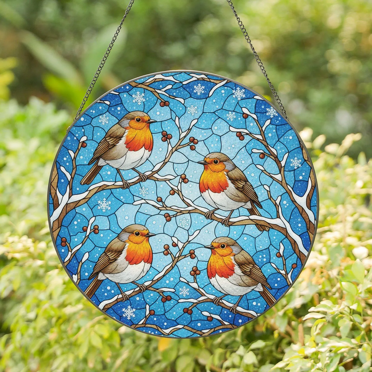 Fluffy European Robins Snow Branches Berries Winter Sky - Home Decor Gift for Wildlife Lover Stained Glass Suncatcher - 1