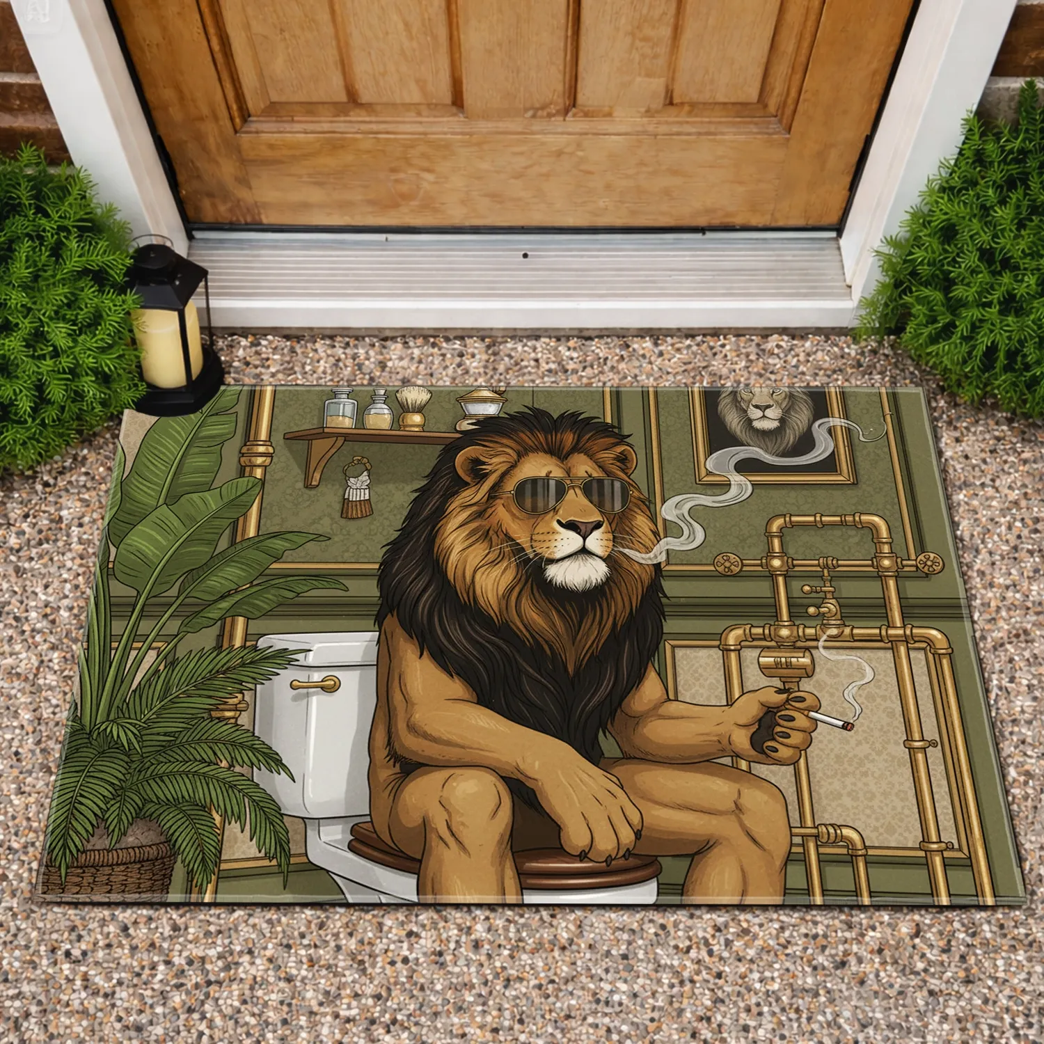 Lion Smoking Sunglasses Toilet Lavatory - Home Decor Gift Doormat - 1