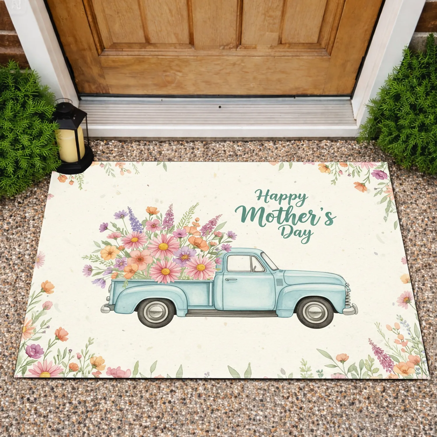 Vintage Light Blue Pickup Truck Wildflowers Happy Mother's Day Gift Doormat - 1