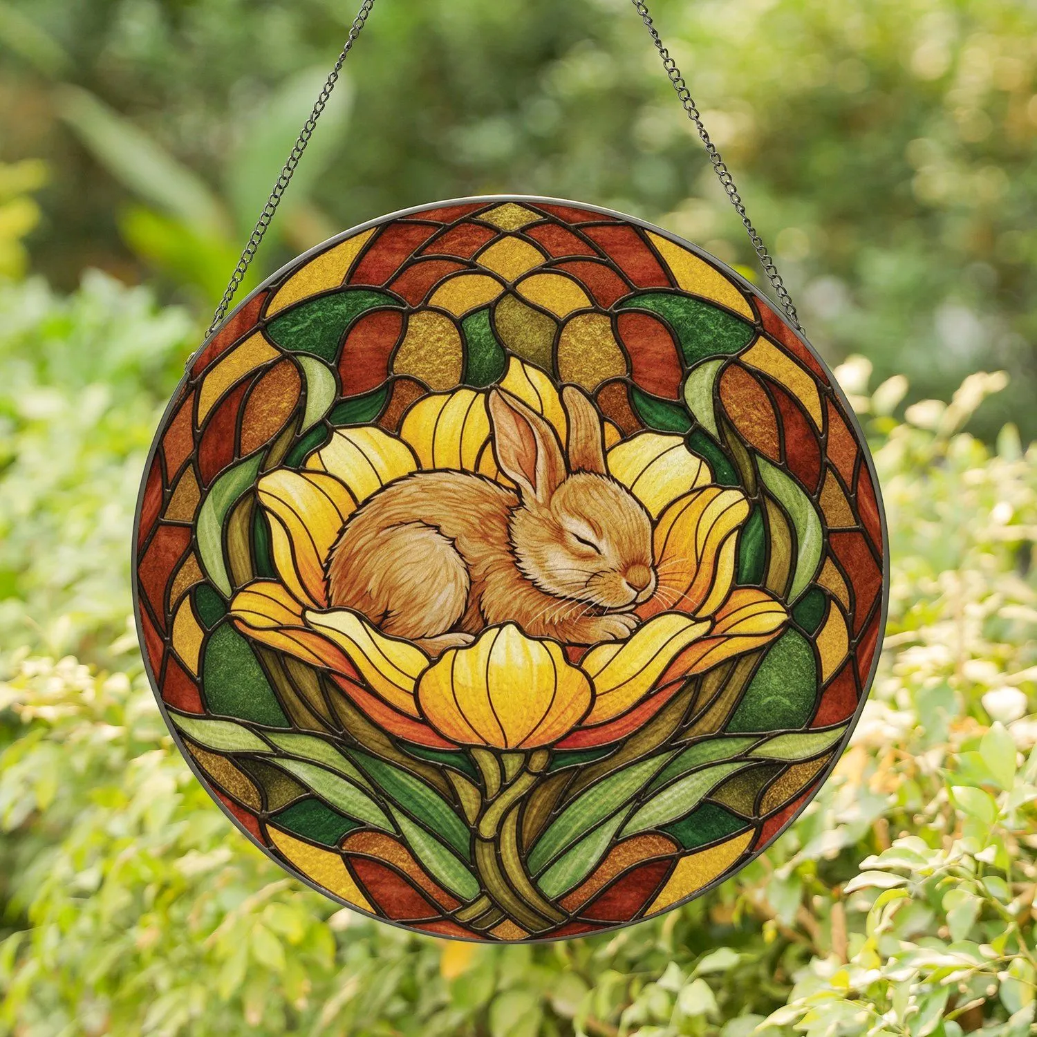 Light Brown Sleeping Baby Bunny Yellow Flower With Green Leaves Home Decor Gift Stained Glass Suncatcher - 1