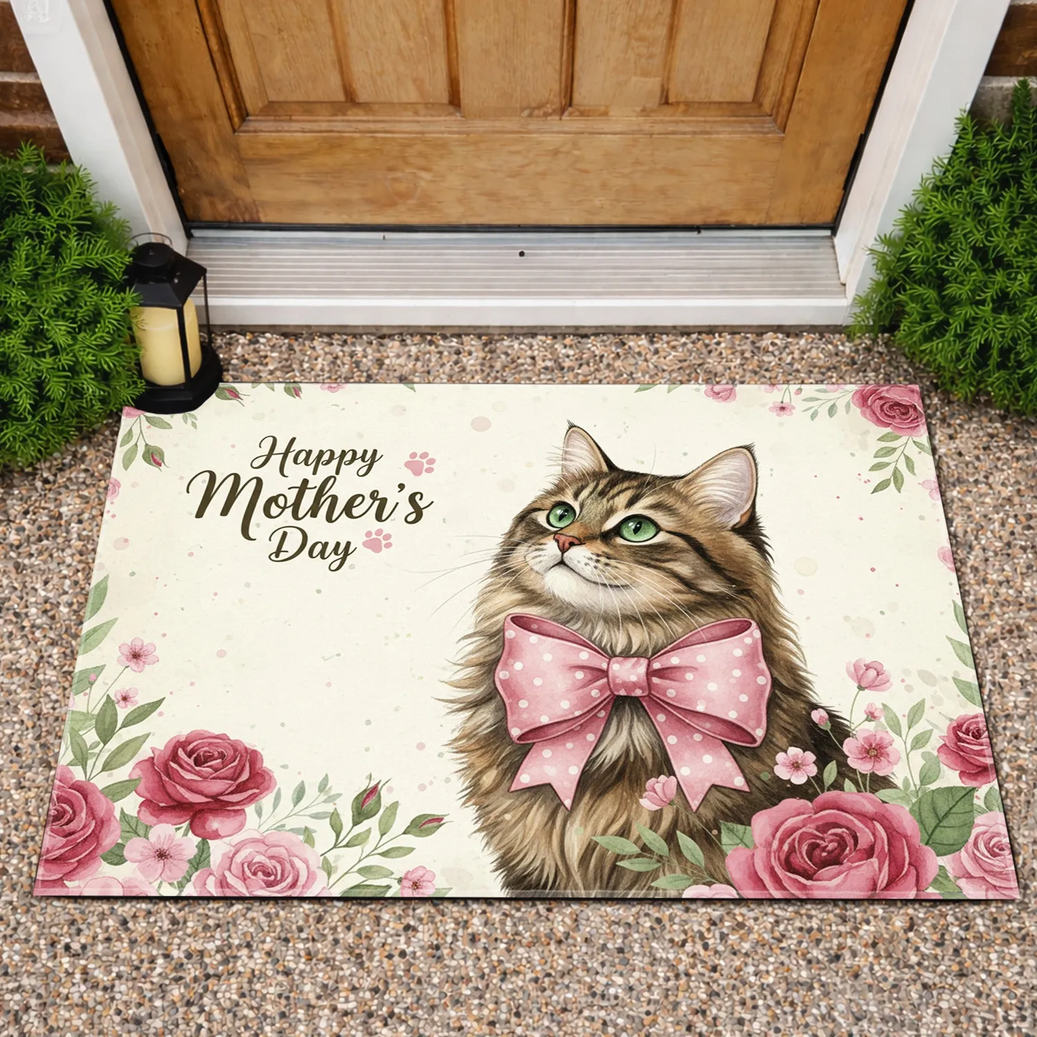 Fluffy Tabby Cat Pink Bow Watercolor Rose Floral Happy Mother's Day Gift Doormat - 1