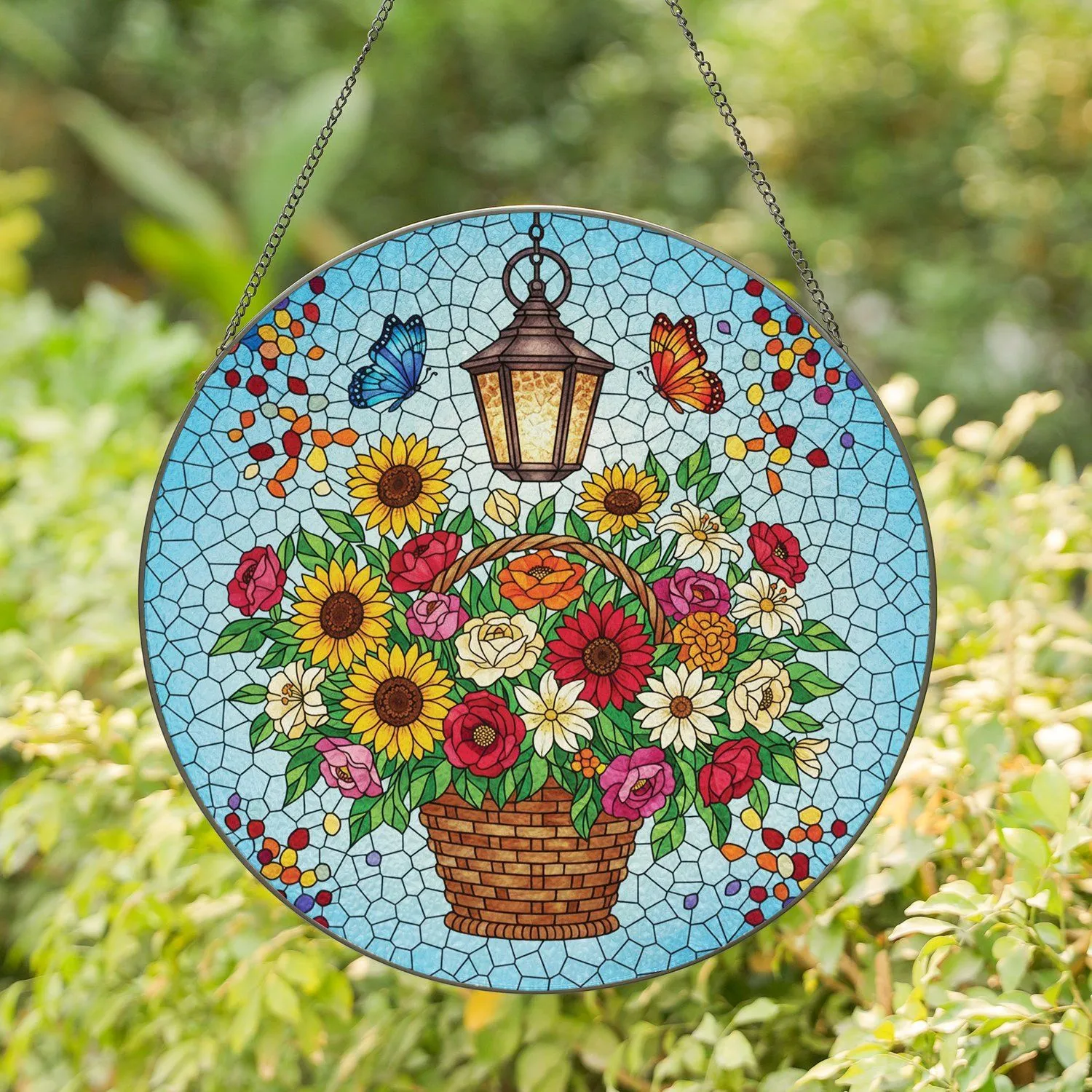 Woven Basket Flowers Butterflies Lantern Blue Aqua Glass Mosaic - Home Decor Gift Stained Glass Suncatcher - 1