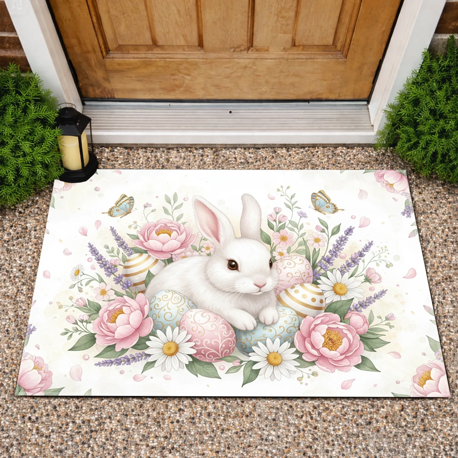 Fluffy White Easter Bunny, Pastel Eggs, Spring Flowers, Butterflies - Easter Home Decor Gift Doormat - 1