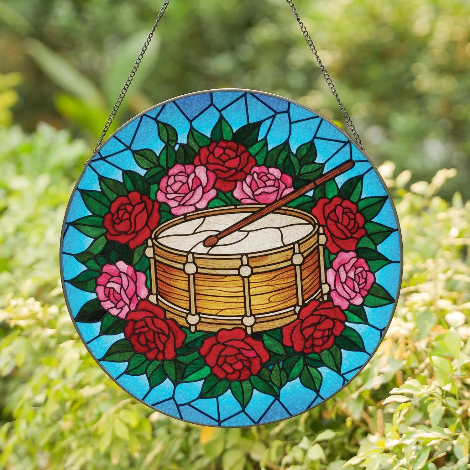 Snare Drum Rose Cluster with Drumstick - Home Decor Gift for Drummers, Musicians, Music Lovers Stained Glass Suncatcher - 1