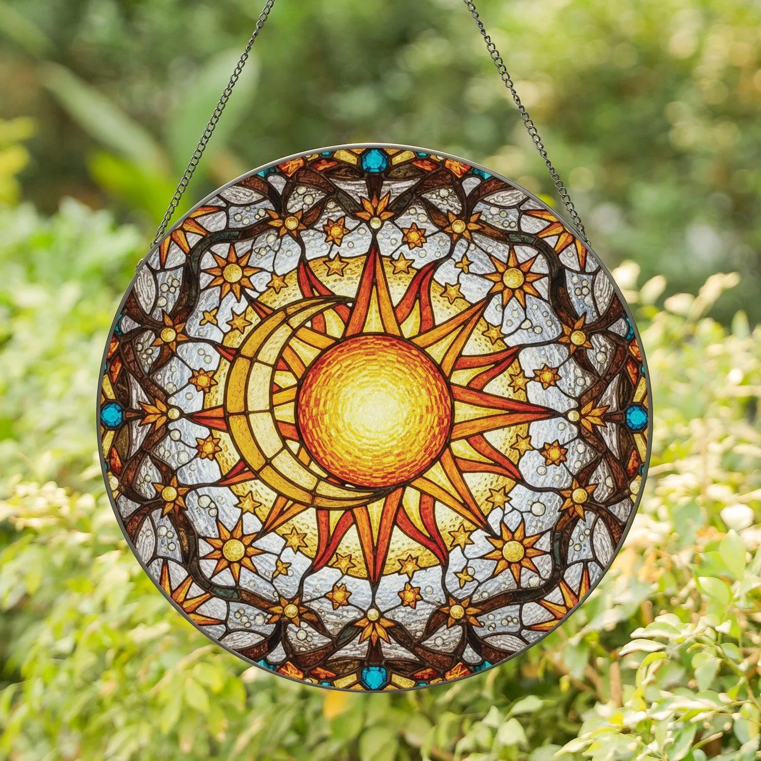 Radiant Sun Crescent Moon Golden Domed Center Faceted Jewels - Home Decor Gift Stained Glass Suncatcher - 1