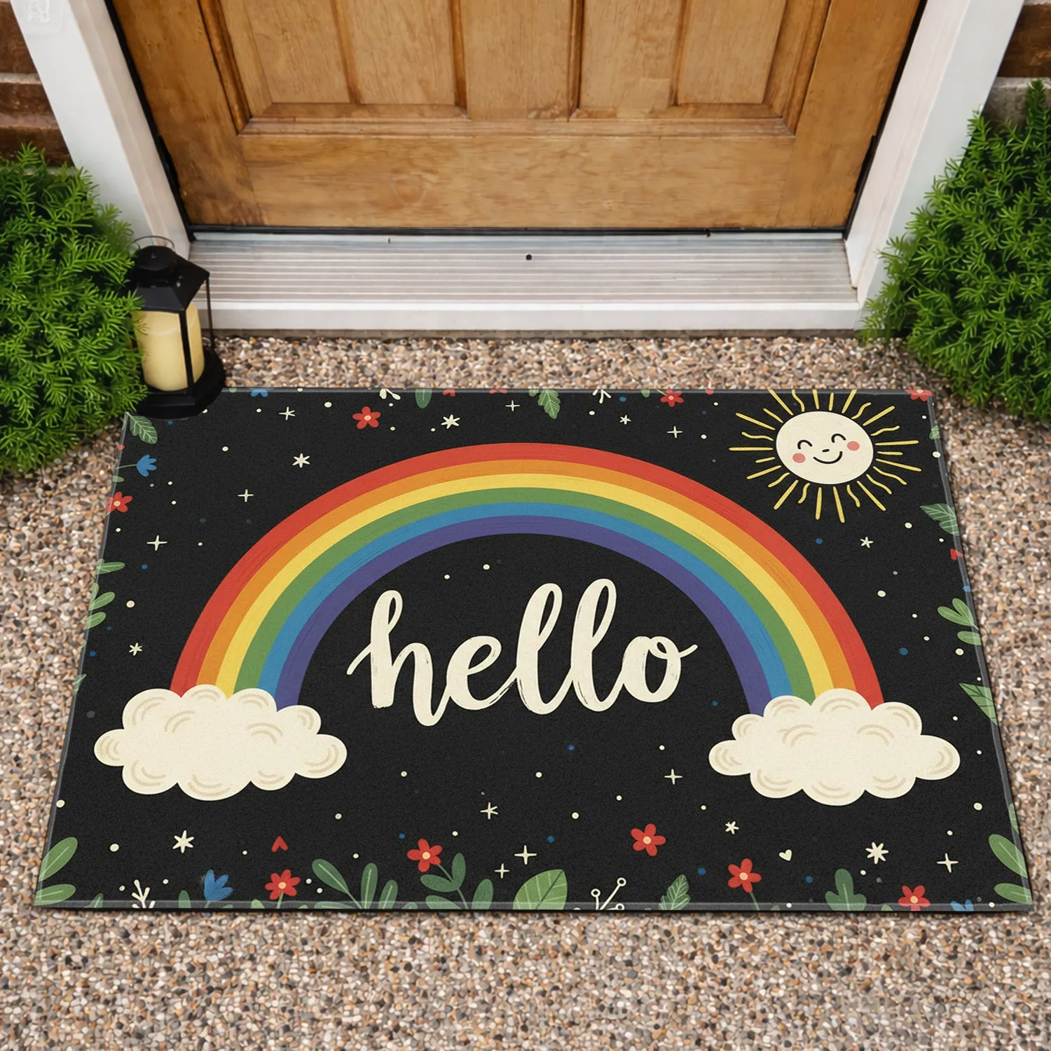 Arcing Rainbow Hello Text Clouds Sun Floral Border - Home Decor Gift Doormat - 1
