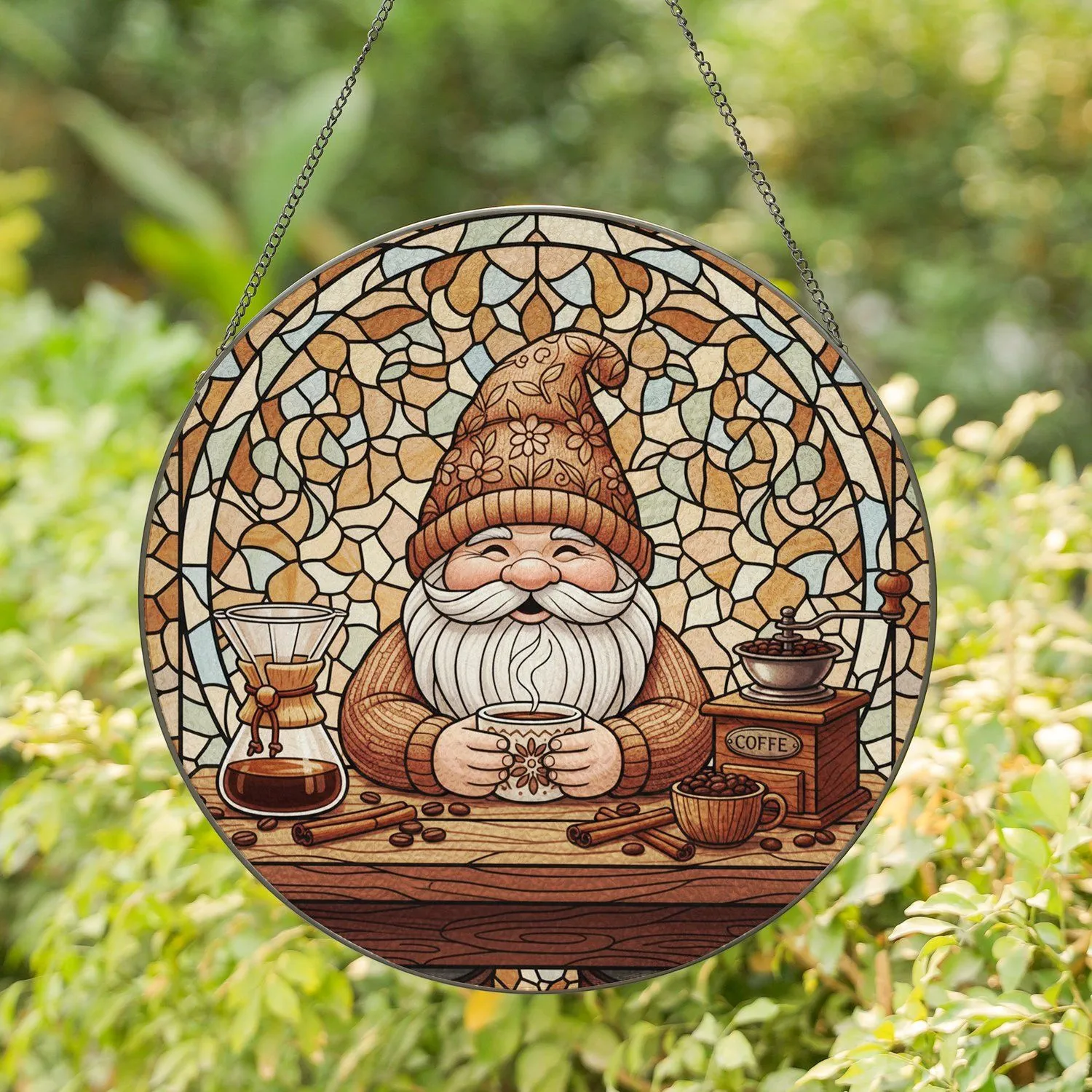 Gnome Coffee Mug Carafe Table Scene - Home Decor Gift for Coffee Lover Stained Glass Suncatcher - 1