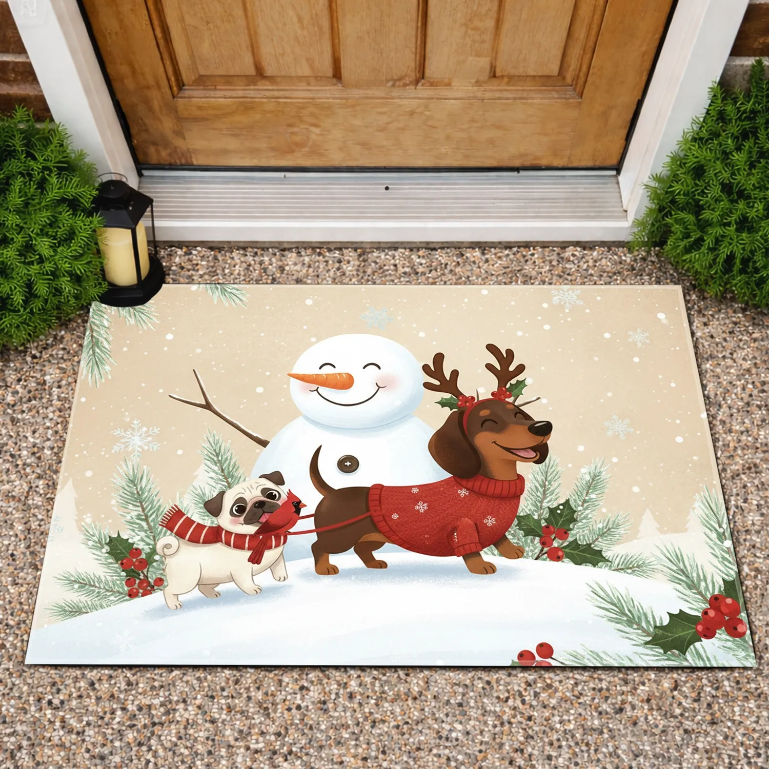 Dachshund Pug Snowman Christmas Holiday Decor - Dog Lover Gift Doormat - 1