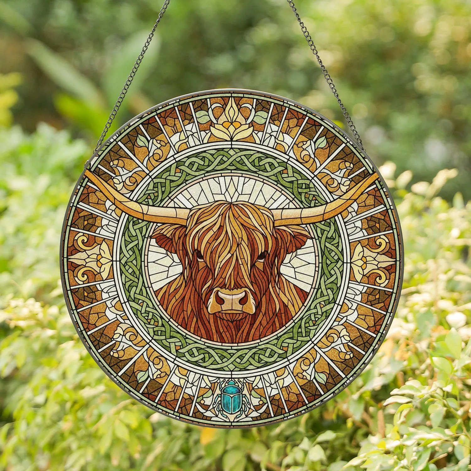 Highland Cow Celtic Knot Floral Scarab - Farmhouse Decor Gift for Cow Lover Stained Glass Suncatcher - 1