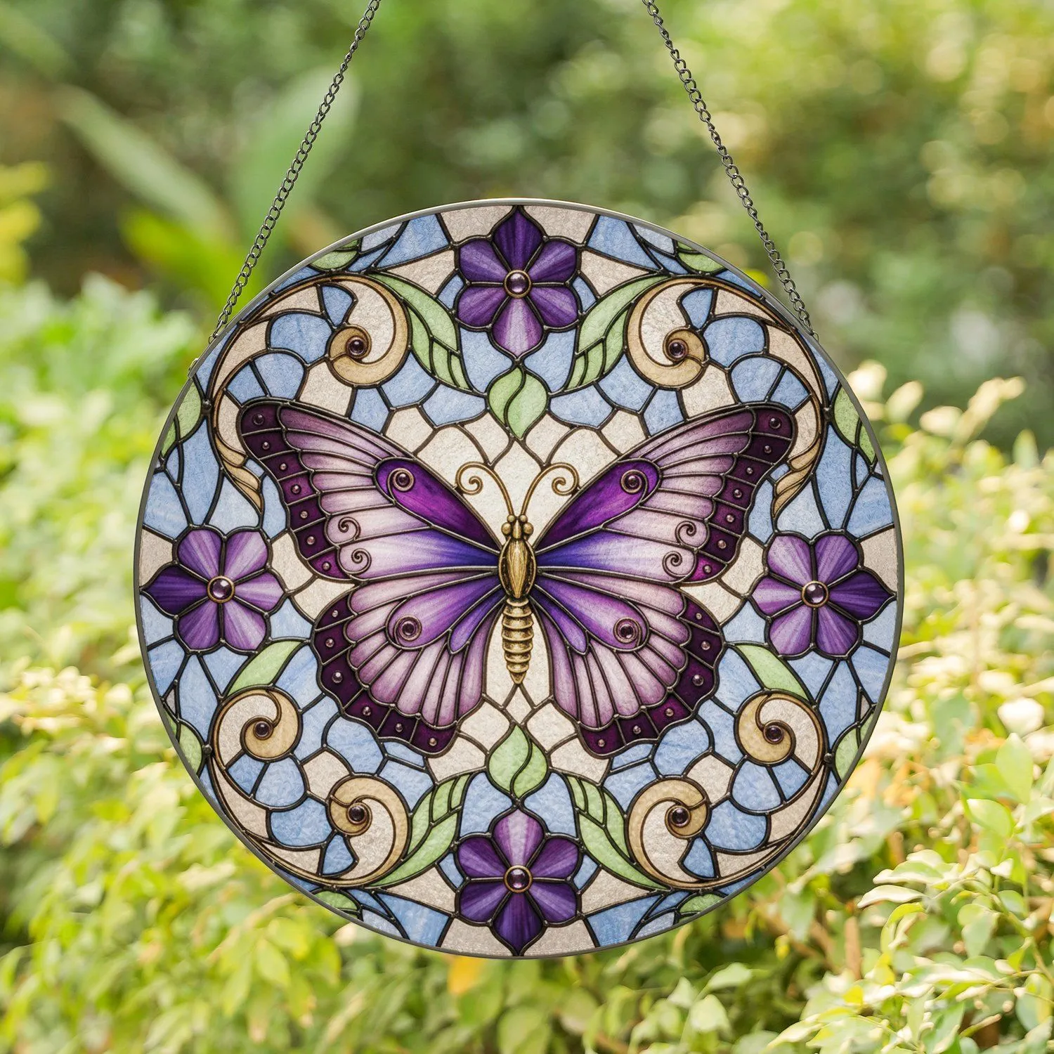 Purple Butterfly Gold Scrollwork Floral - Home Decor Gift for Butterfly Lover Stained Glass Suncatcher - 1