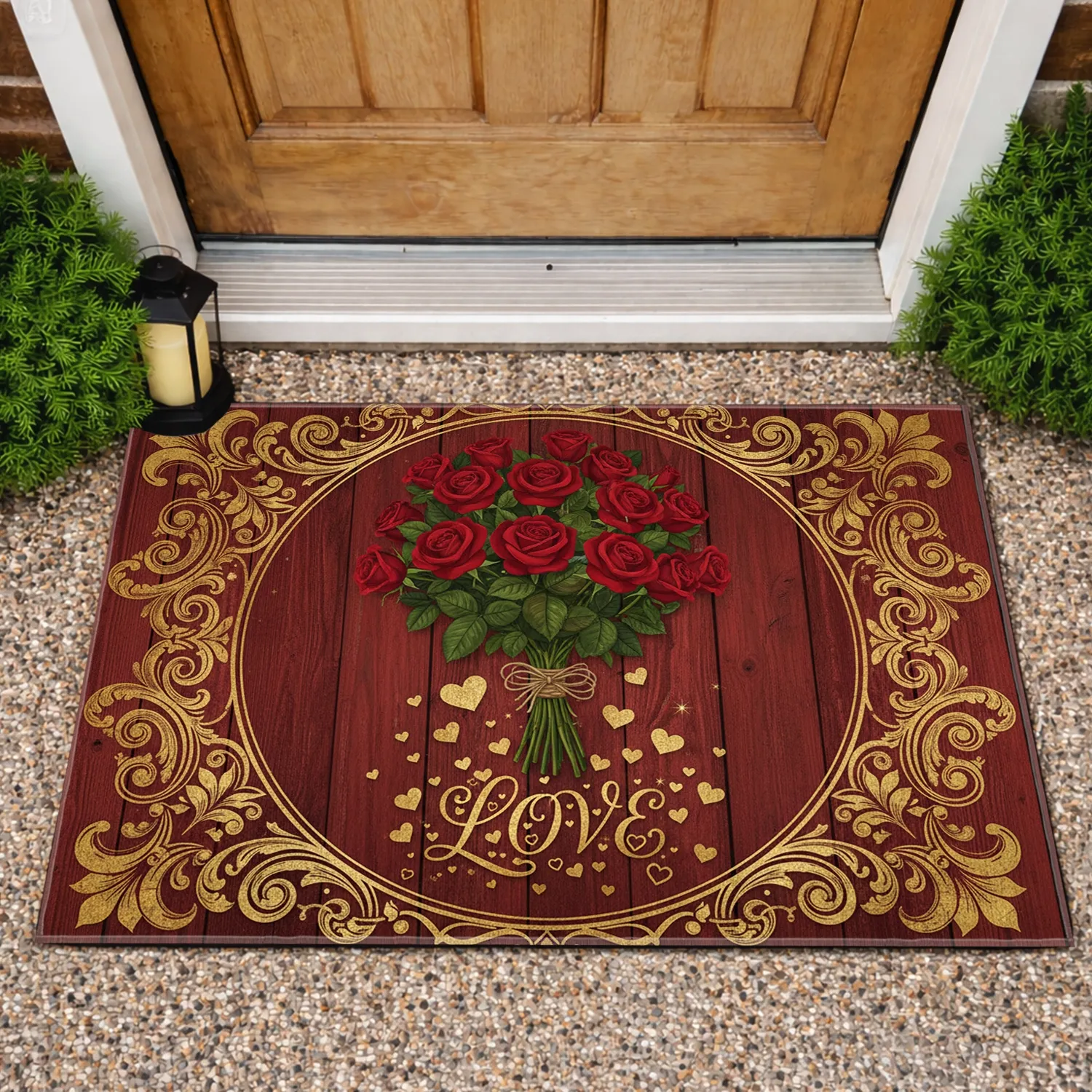Deep Red Roses Golden LOVE Hearts Scrollwork Filigree Rustic Wood Planks - Home Decor Gift Doormat - 1