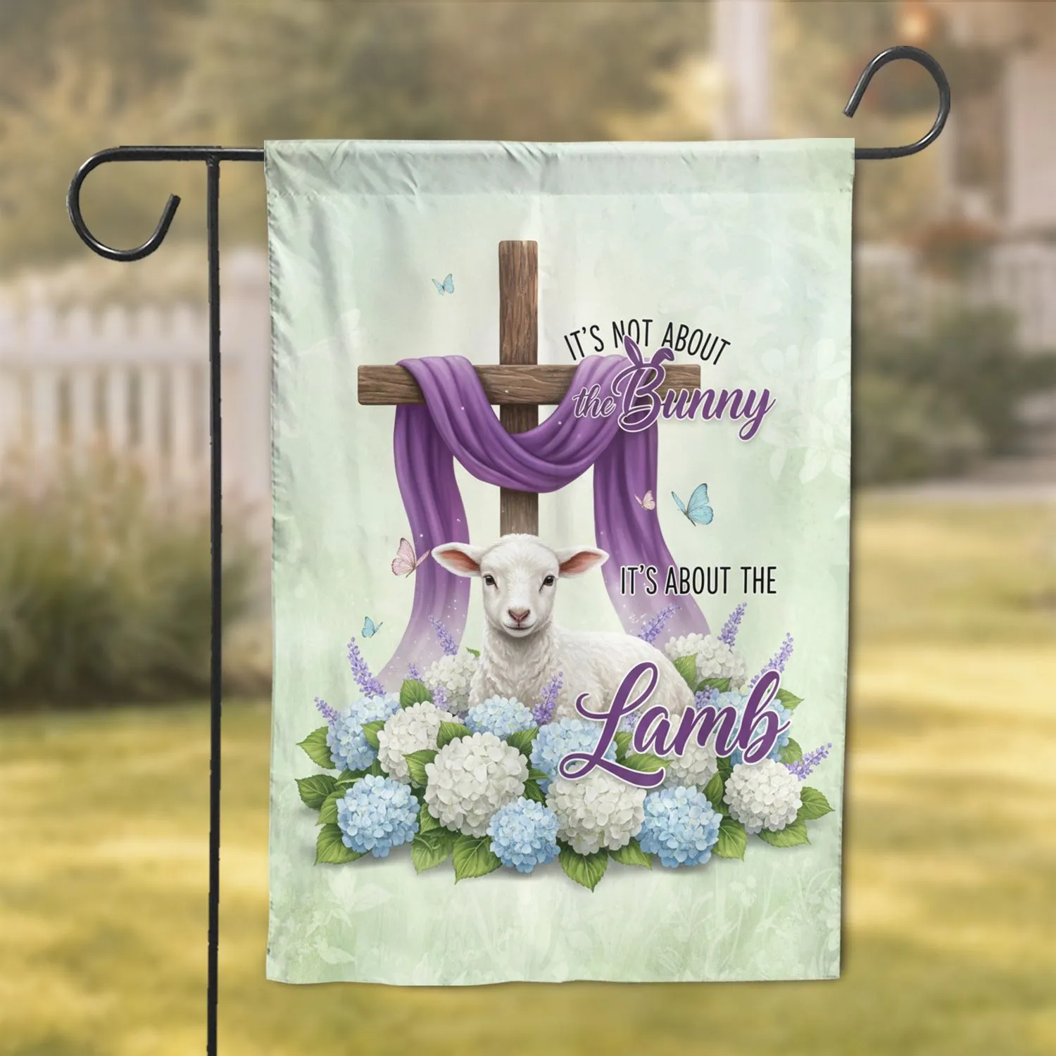 White Lamb Royal Purple Cross Hydrangea Butterflies - Christian Easter Faith Home Decor Garden Flag - 1