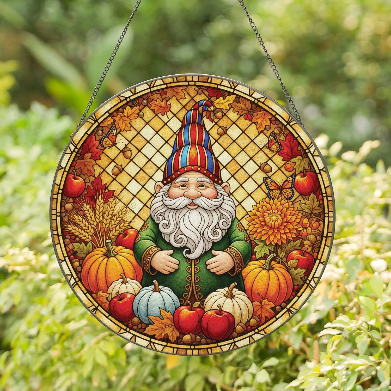 Gnome Patterned Hat Autumn Harvest Mosaic - Home Decor Gift for Gnome Lover Stained Glass Suncatcher - 1