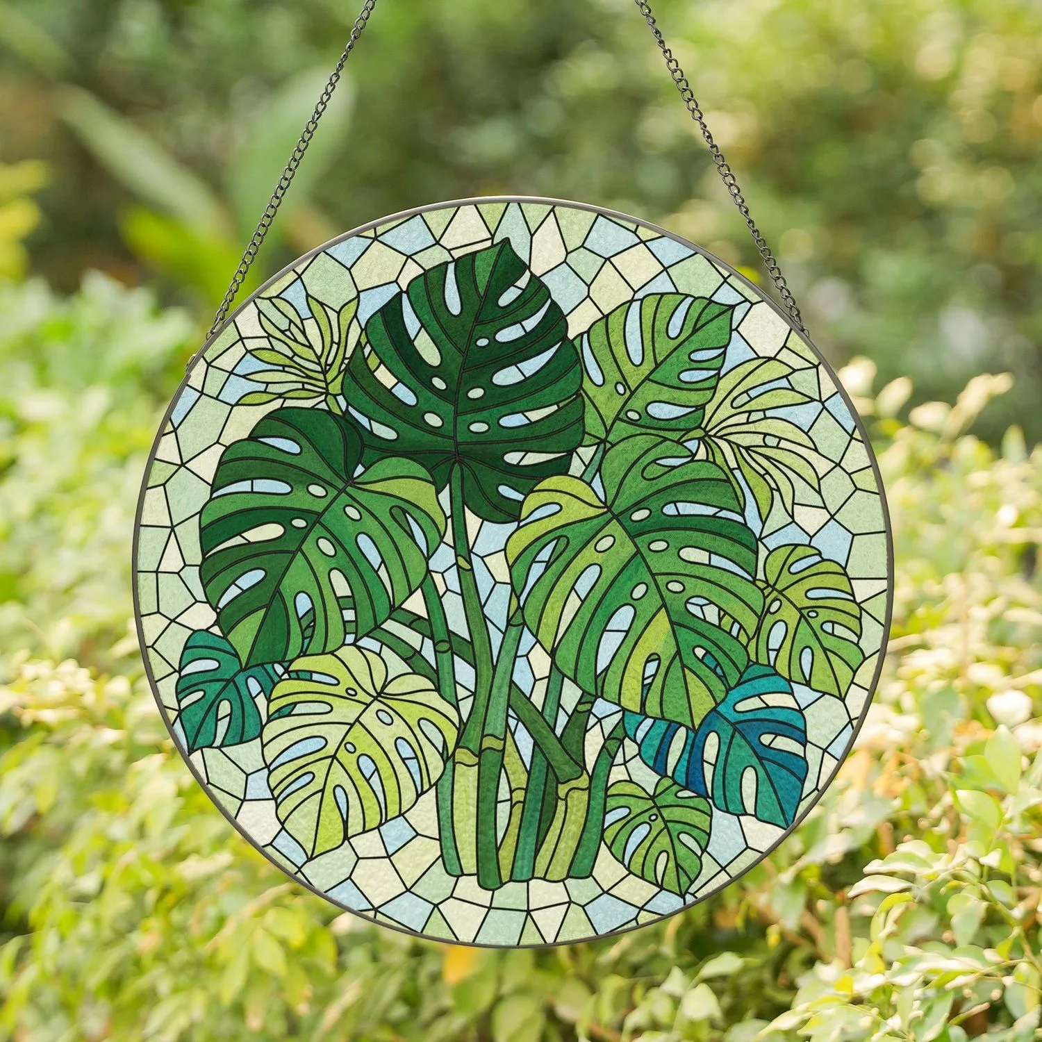 Large Deeply Lobed Monstera Deliciosa Leaves Tropical Foliage - Home Decor Gift for Plant Lover Stained Glass Suncatcher - 1