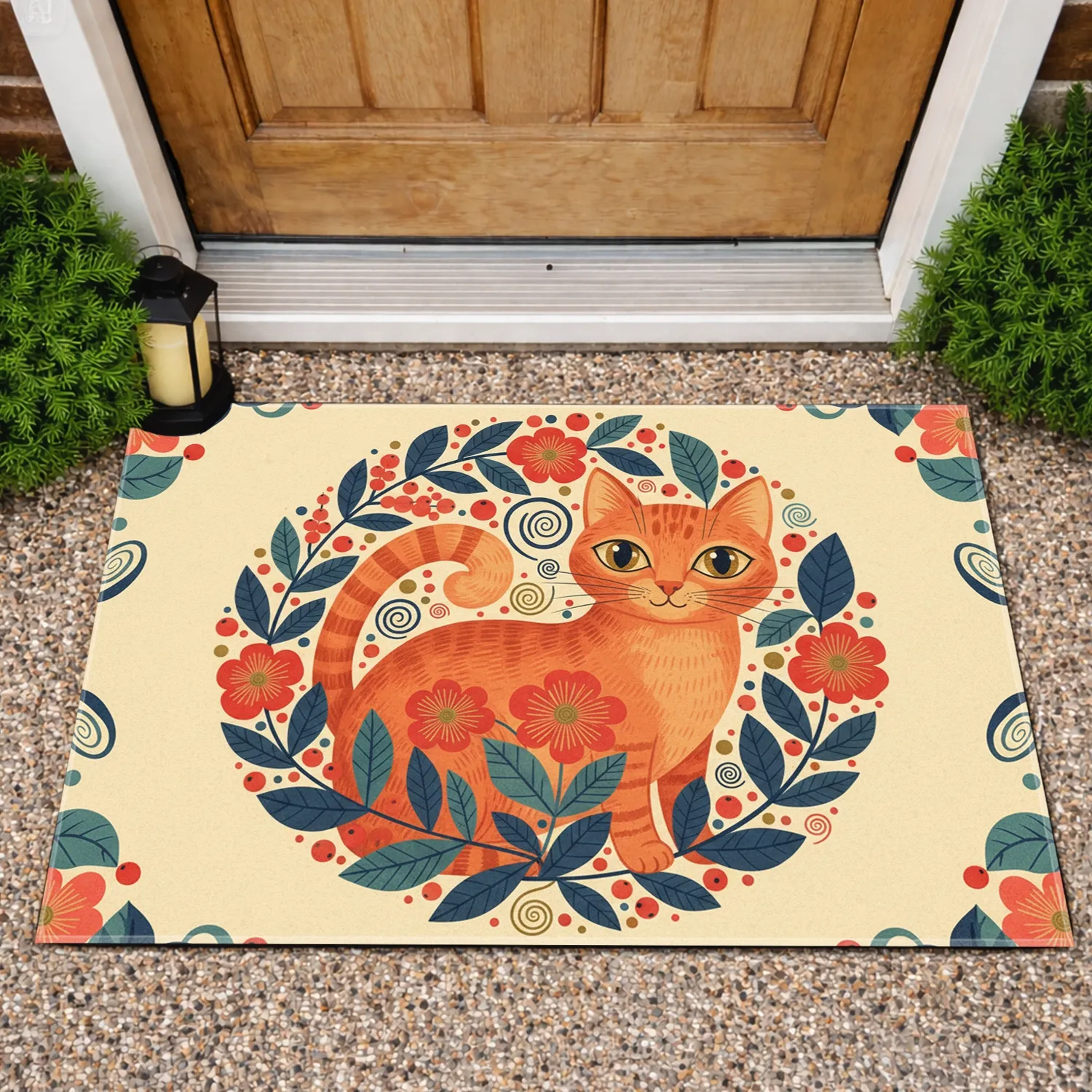 Ginger Orange Cat Red Berry Flower Leaf Branches - Home Entryway Decor for Cat Lover Doormat - 1